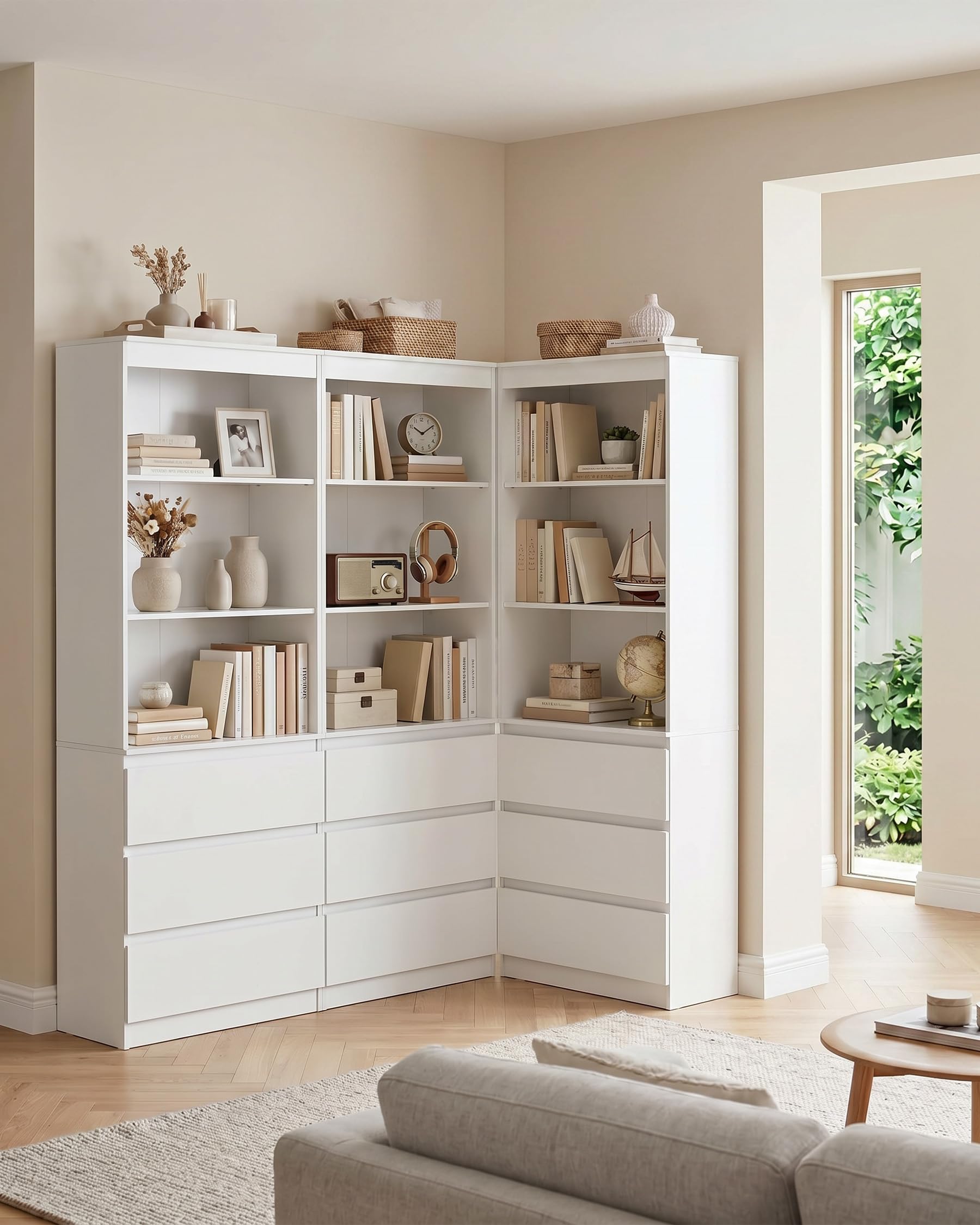 Estantería Libros Blanca con Cajones 60x32x180cm Libreria Alta para Salón Oficina Dormitorio Almacenaje Mueble Blanco