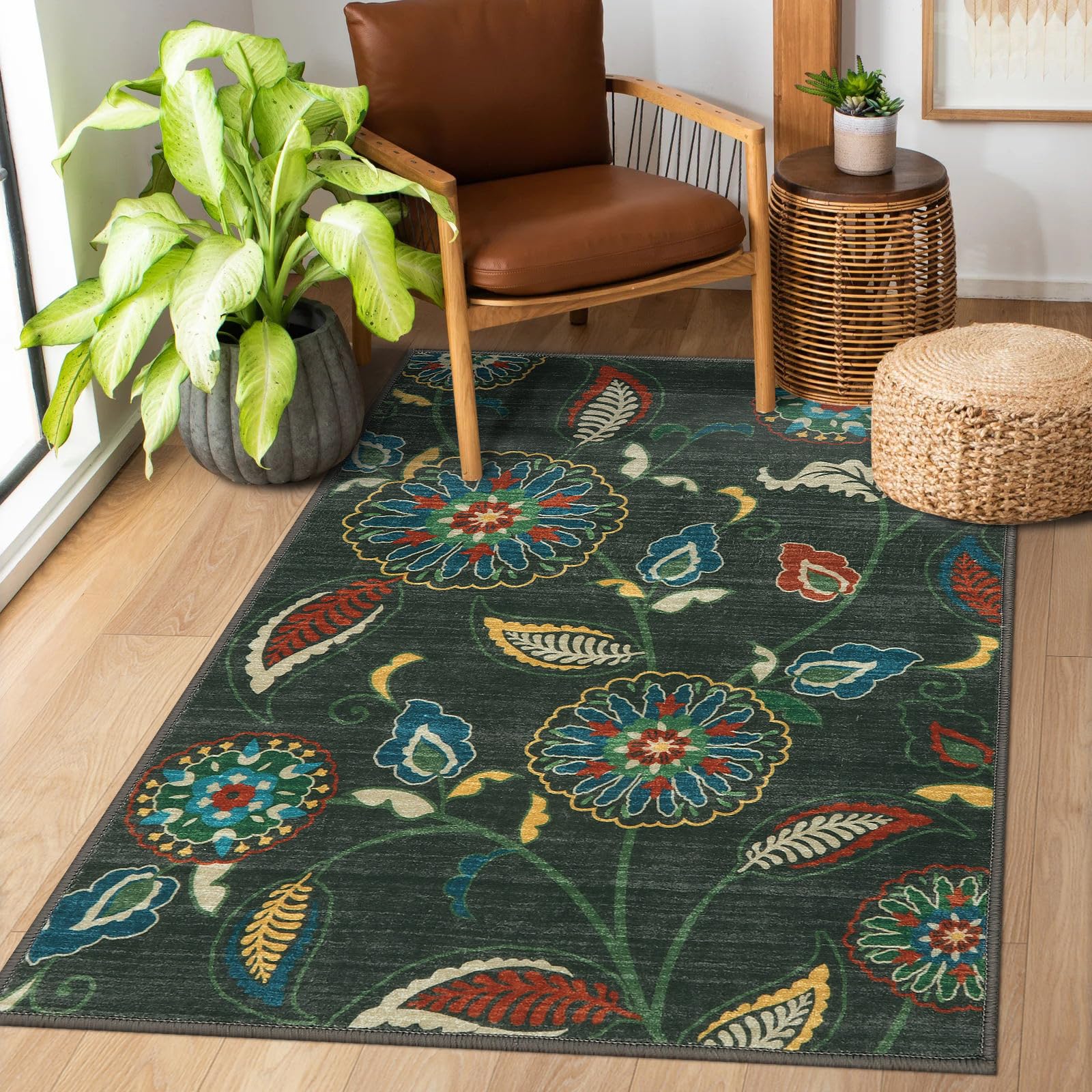 Lahome Floral Washable Entryway Rugs Indoor, Green 3x5 Rugs for Bedroom Modern Abstract Kitchen Rug with Plant Design, Non-Slip Non-Shedding Leaf Boho Rug for Living Dining Room