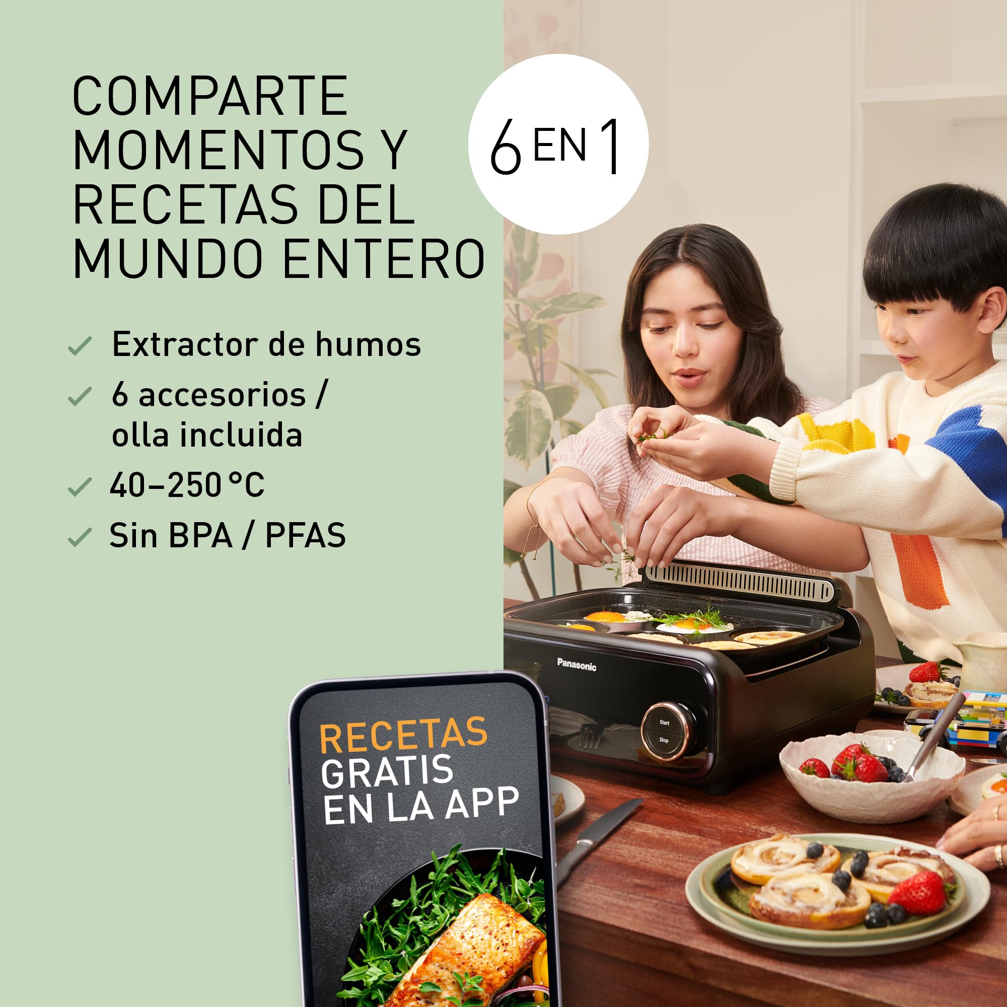 Panasonic NF-GM600 Multi Cooker 6 en 1, Grill Electrico, Freír, Cocción Lenta, BBQ, Vapor, Saltear, 1400W, 40–250°C, 9 Modos Automáticos, Extractor de Humo, Bandejas aptas para lavavajillas