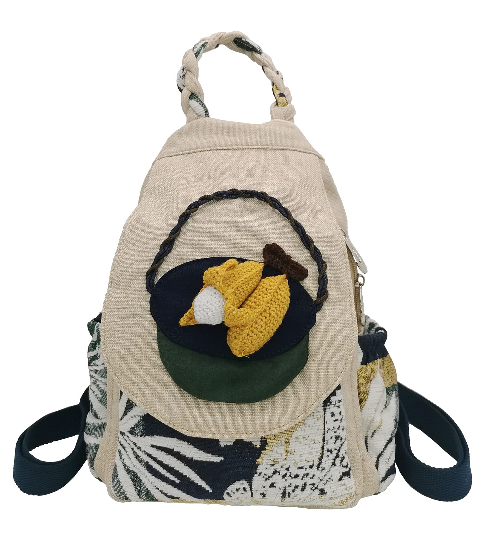 HUANGGUOSHU Women Cotton Woven Bohemian Hemp Boho Canvas Embroidery Multi Pocket Retro Cute Backpack Wallet Backpack（Corn）