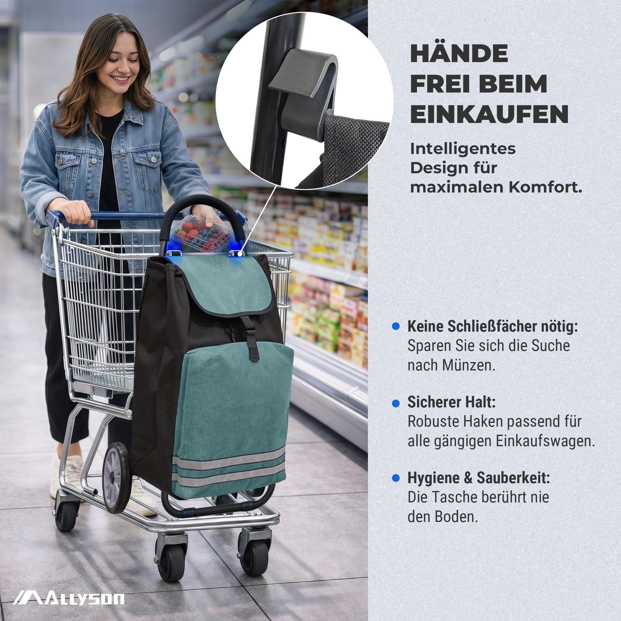 Allyson® Einkaufstrolley klappbar mit Reflektoren & Kühltasche, Einkaufswagen 45L Kapazität, Wetterfester Shopping Trolley, Treppensteiger Trolley mit Geräuschlosen Rädern & Abnehmbarer Tasche - Grün