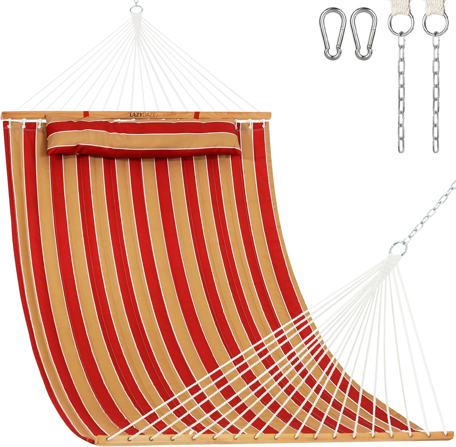 Lazy Daze Hammocks 12FT Quilted Fabric Double Hammock with Spreader Bars and Detachable Pillow, 2 Person, 450lbs Capacity, Blue White