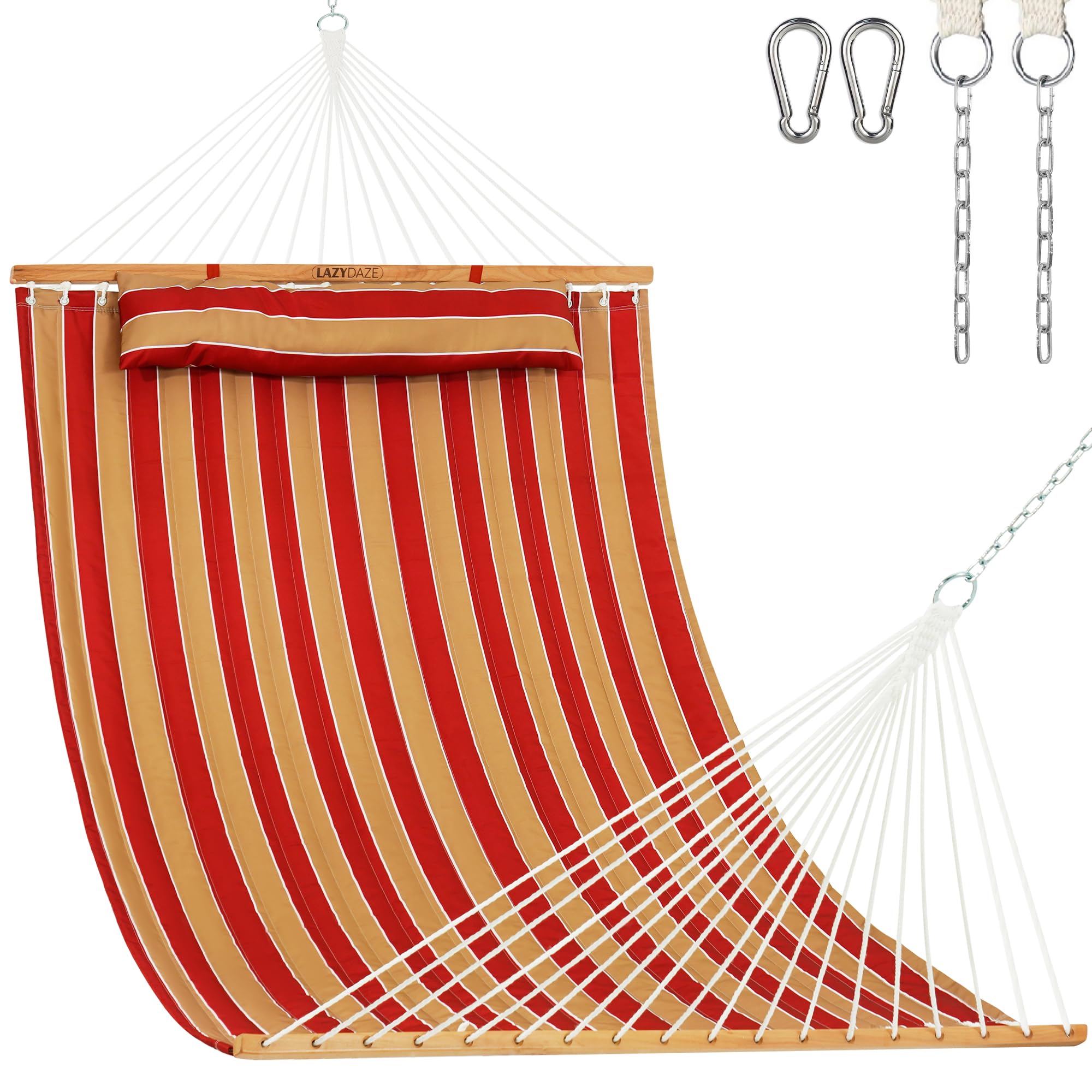 Lazy Daze Double Quilted Hammock with Pillow and Carabiners, Red Stripes