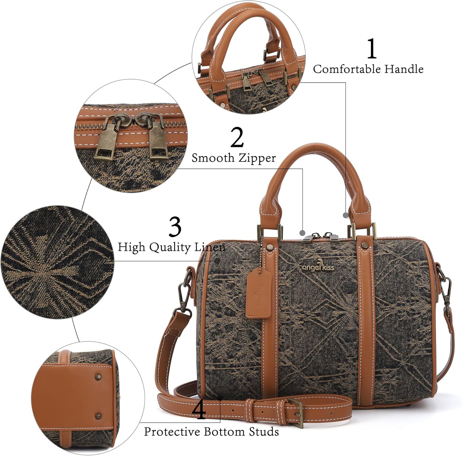 Angel Kiss Women Satchel Purses and Handbags Vegan Leather Boston Barrel Bag Top Handle Shoulder Purse with Crossbody Strap | Vegan Leather, Top Handle, Crossbody Strap - Image 6