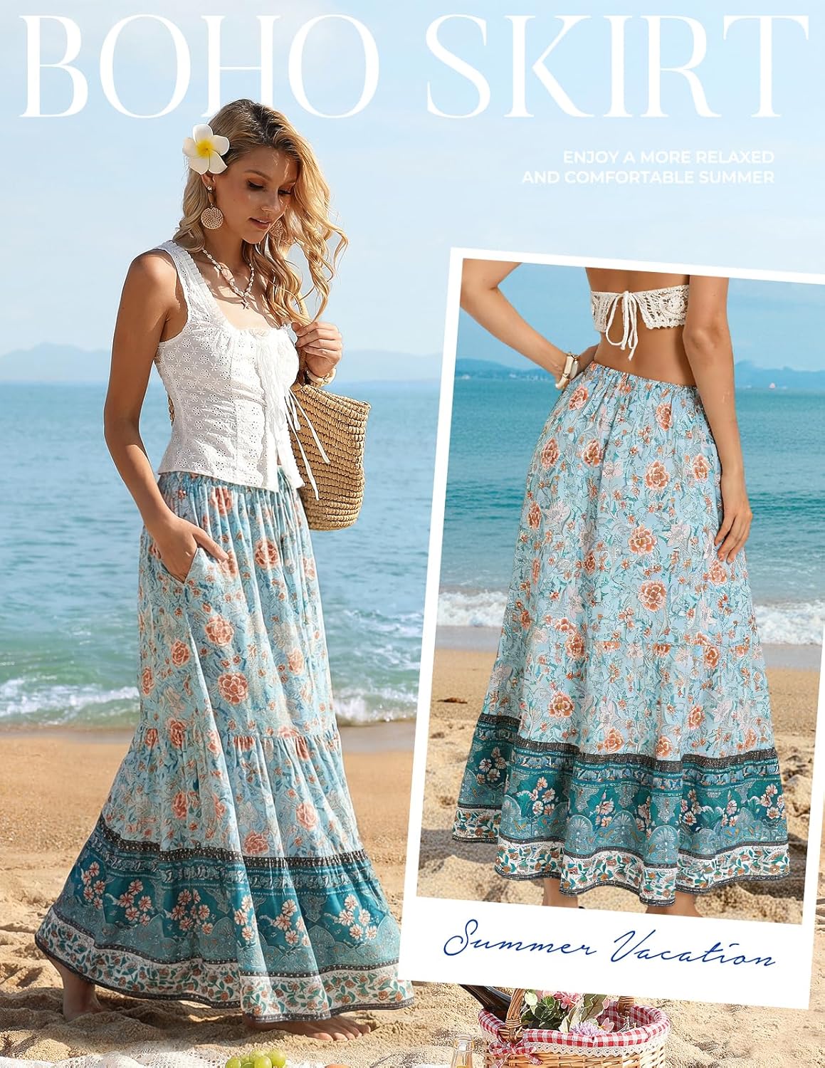 Kate Kasin Women Summer Boho Maxi Skirt, Floral Flowy Long Skirts, Trendy Beach Vacation Outfit with Pockets 2026