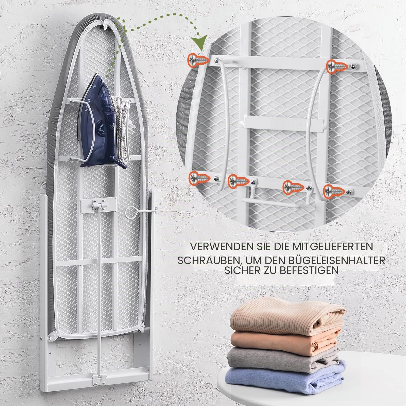 Xabitat Wandbügelbrett - Kompakte Halterung Zusammenklappbares Bügelbrett für kleine Räume - Platzsparend mit Baumwollgewebebezug (Grau, Mit Halter)