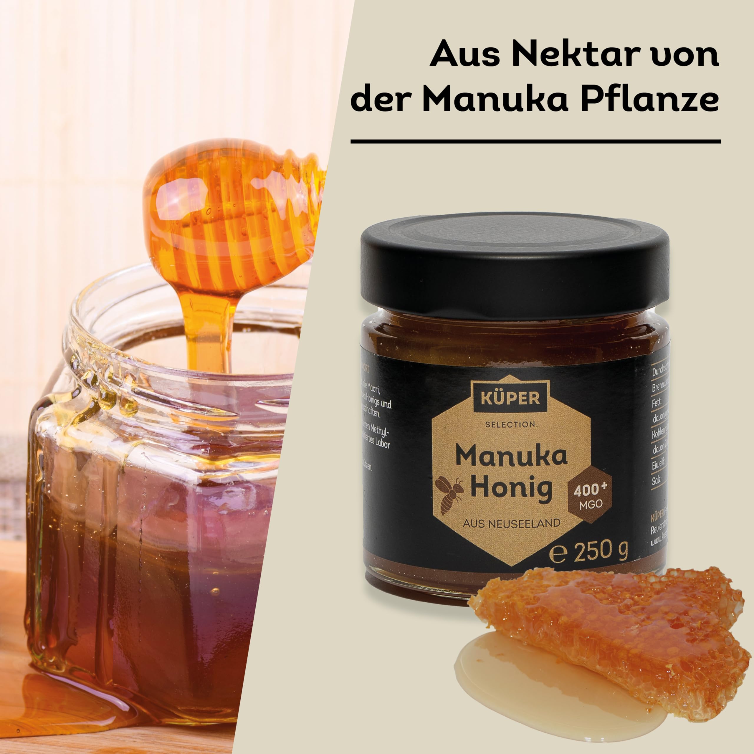 KÜPER SELECTION Manuka Honig 250g – Rohhonig mit 400+ MGO – natürliches Süßungsmittel aus Neuseeland als Brotaufstrich oder zu Tee, Joghurt & Pancakes (Packung mit 2)