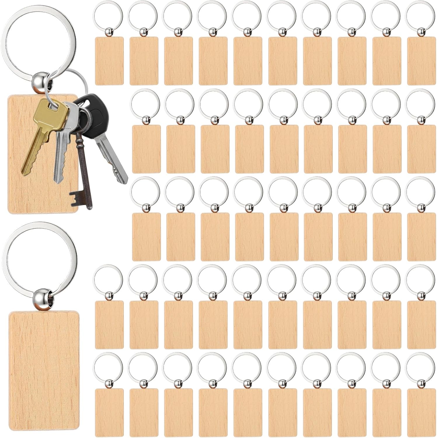 50 Pcs Wooden Keychain Blanks, Unfinished Rectangle for Laser Engraving with Key Rings, for DIY Crafts and Gifts - Image 7