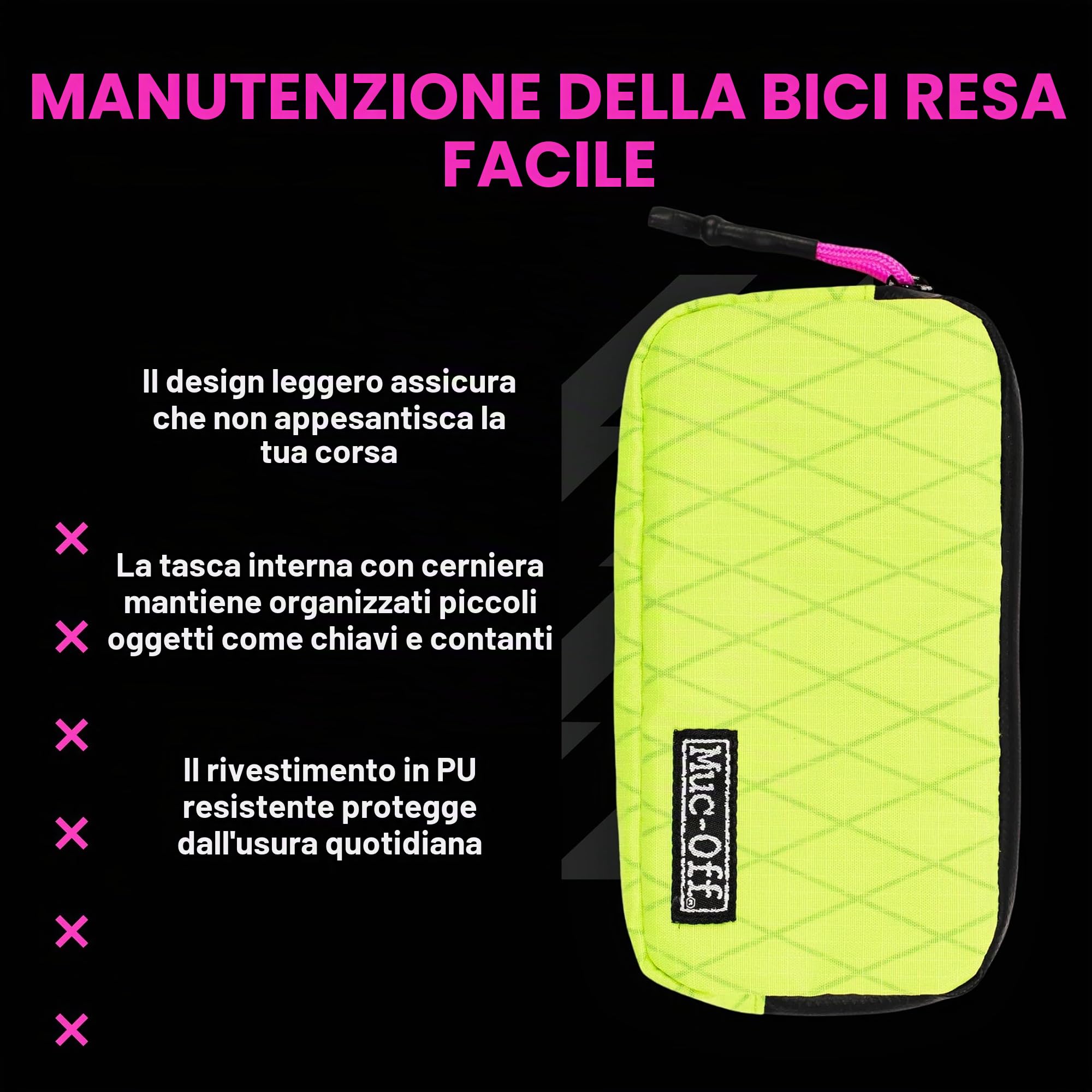 Muc-Off Rainproof Essentials Case - Borsa Bici Neon in Poliestere 900D Idrorepellente - Borsa Porta Attrezzi per Bici Ideale per la Conservazione di Tubi di Ricambio, Leve per Pneumatici e Telefono