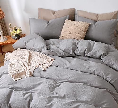 Miniatura 4 de MooMee Juego de funda de edredón 100% algodón lavado con textura parecida al lino transpirable duradero suave cómodo (gris claro, matrimonial)