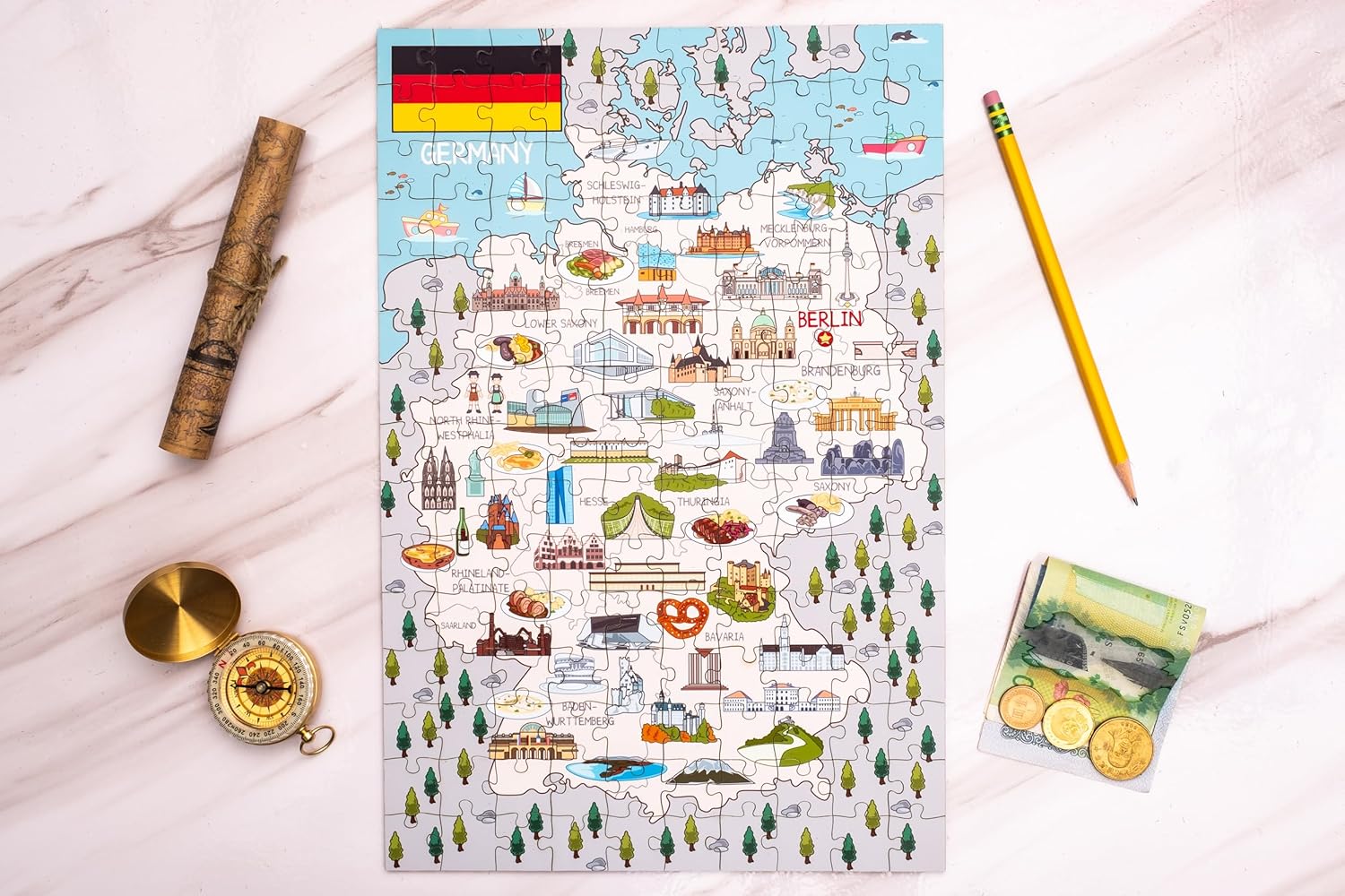 Germany Map Wooden Jigsaw Puzzle 152 Piece, 10x15 inches