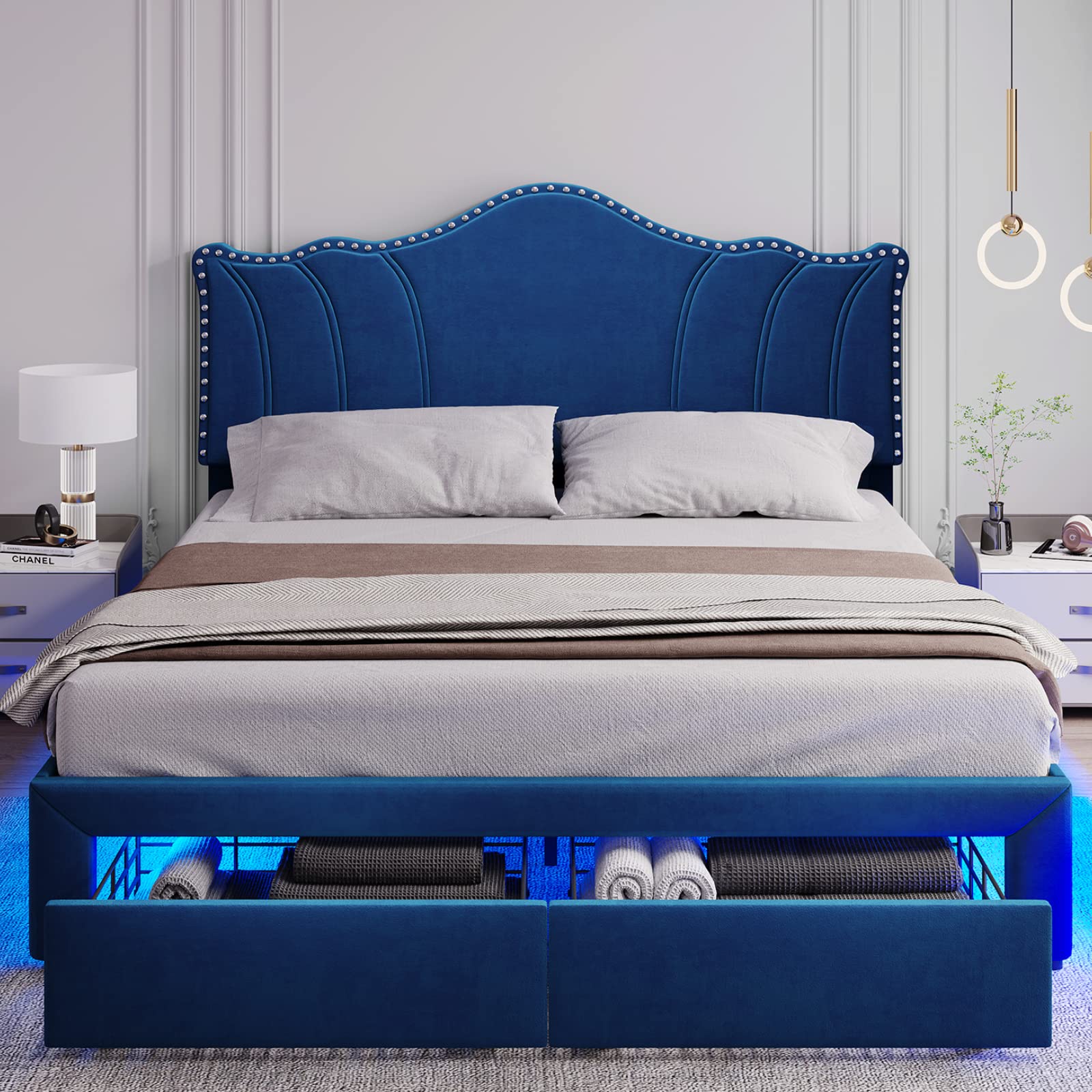 Buy DICTAC LED Bed Frame Queen Size with 2 Storage Drawers Velvet ...
