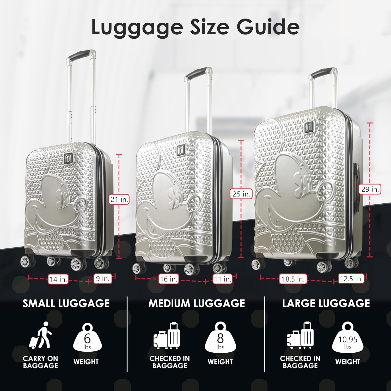 FUL Disney Mickey Mouse 29 Inch Rolling Luggage, Hardshell Suitcase with Spinner Wheels, Silver