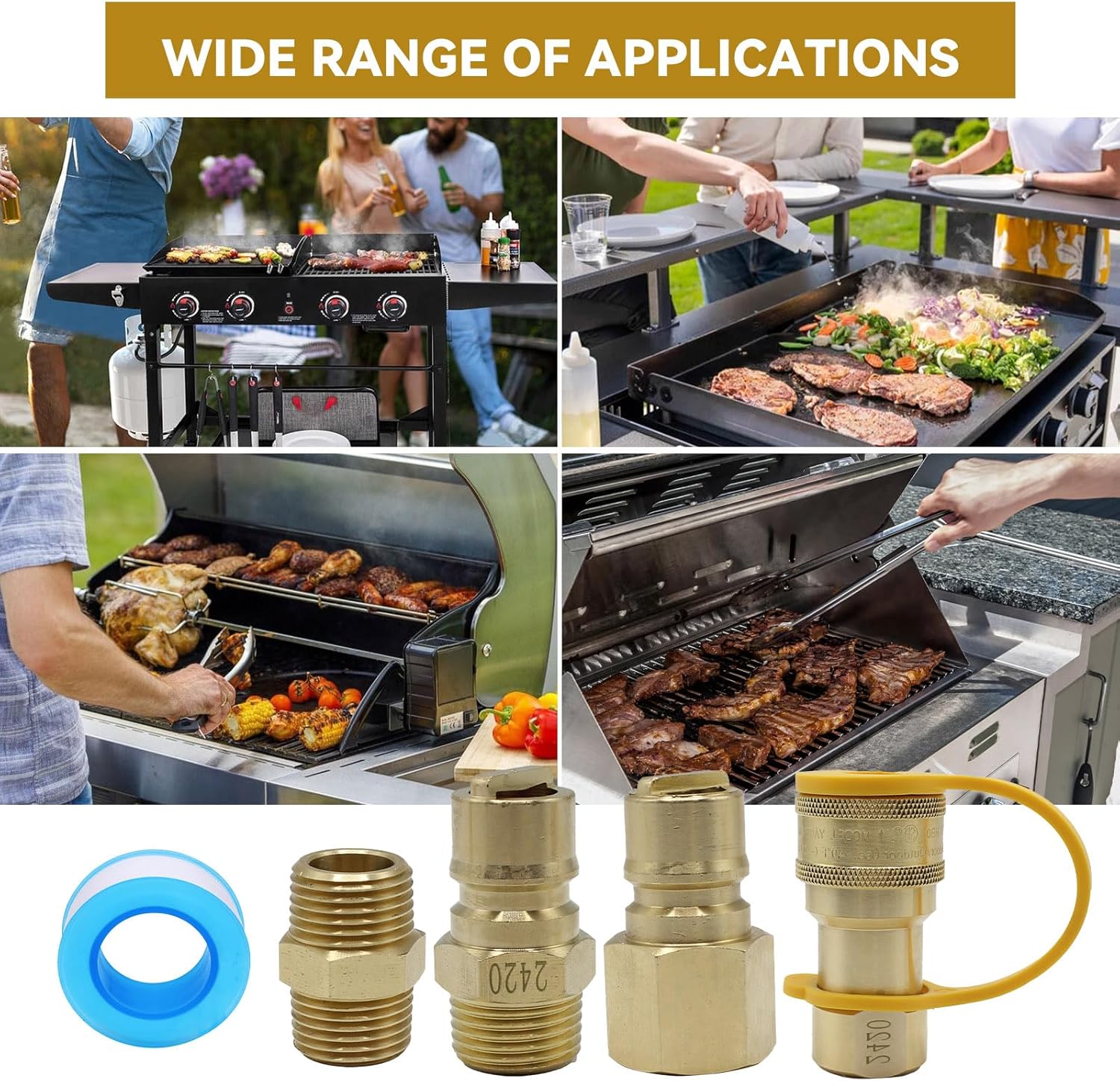 1/2" QDD LP Natural Gas Quick Connect Fittings Kit, Natural and Propane Gas Hose Quick Connect/Disconnect Plug Set, Solid Brass with Dust Cover & Raw Material Tape