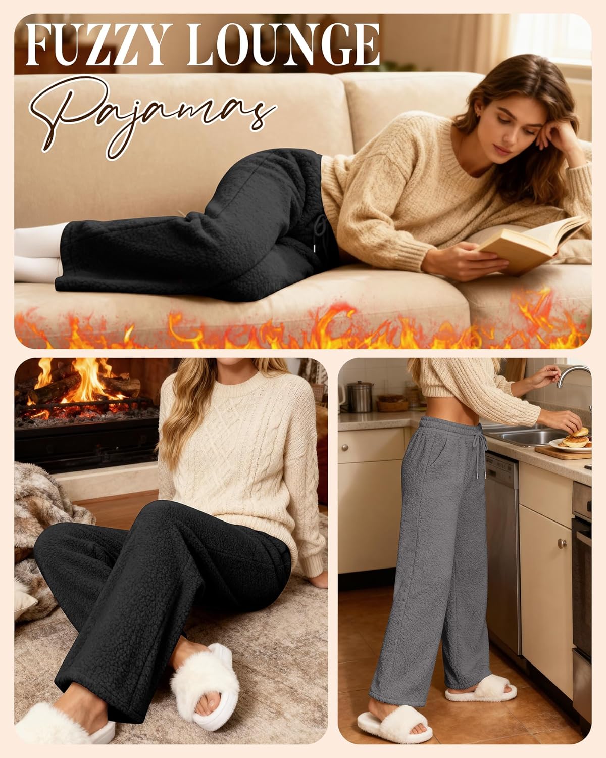 2 Pack Women's Fleece Sweatpants Wide Leg Winter Thermal Pants Drawstring Waist with Pockets Fuzzy Lounge Pajamas - Image 3