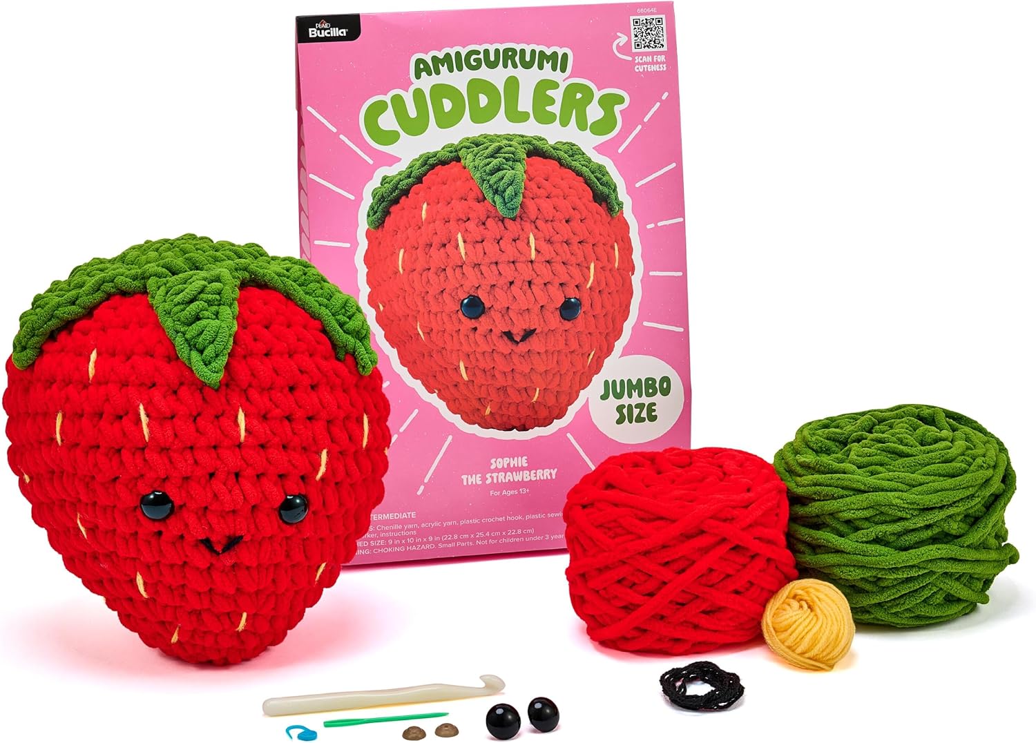 Bucilla, Jumbo Size Amigurumi Cuddlers, Knitting & Crochet Kit, for DIY Arts and Crafts, Sophie the Strawberry