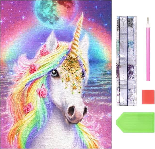 Opopark 5D Diamond DIY Painting by Number Kit, 30x40cm Full Drill Unicorn Diamond Painting Rhinestone Embroidery Pictures for Adults Kids Relaxation and Home Wall Decor(Style 02)