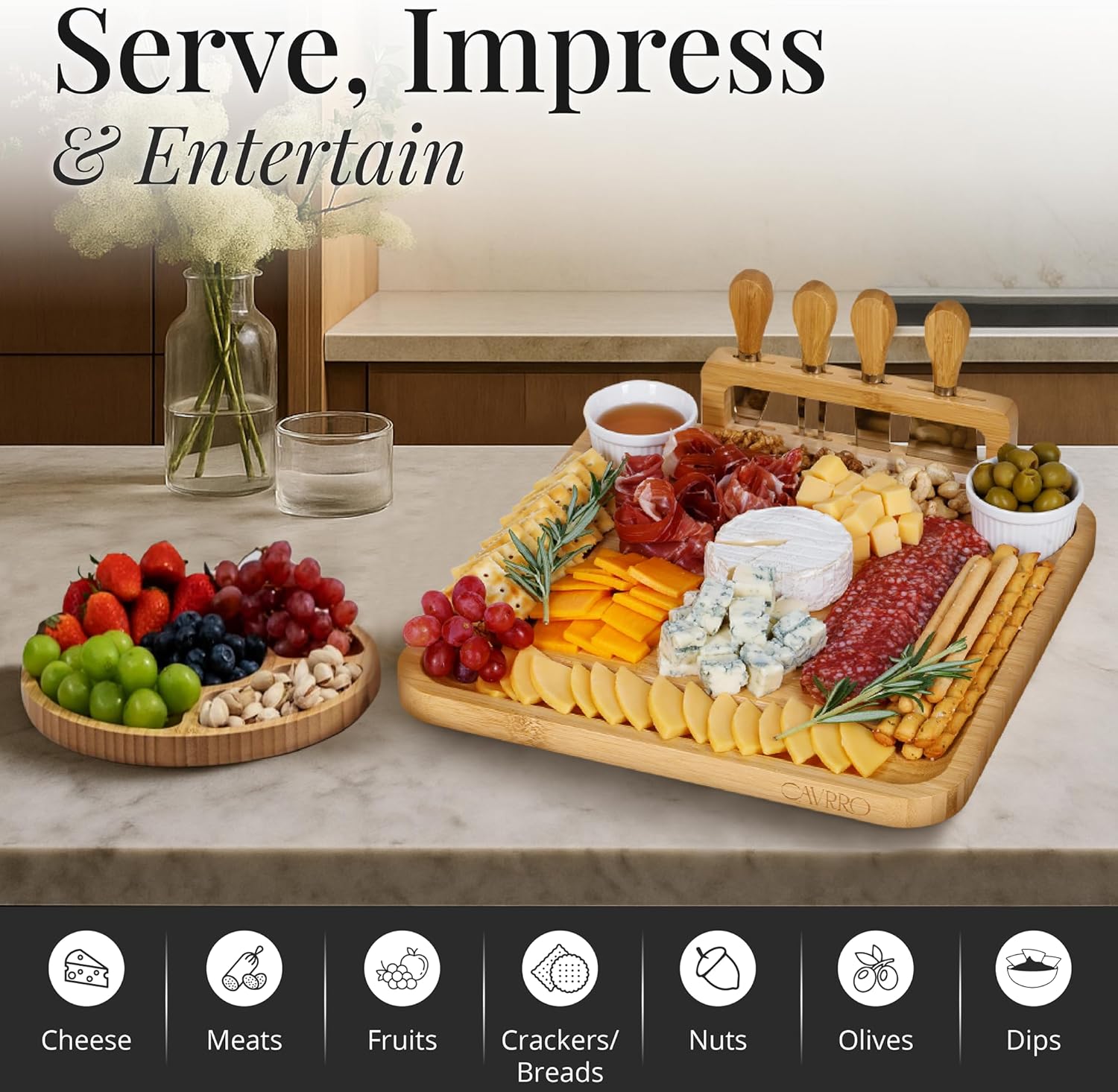 Charcuterie Board Set – Bamboo Cheese Platter with Knives, Bowls & Round Tray – Eco-Friendly Gift for Housewarming, Weddings & Parties – Wood Serving Board for Entertaining - Image 2