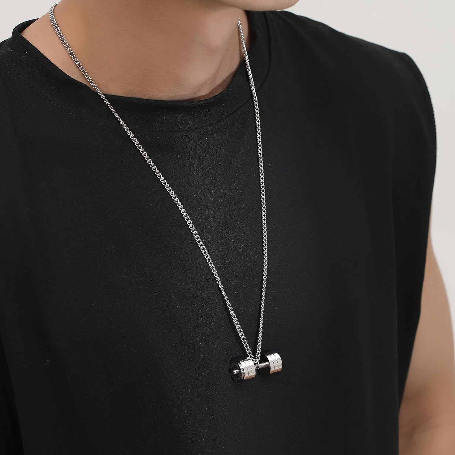 Dumbbell Pendant for Men Polished Stainless Steel Necklace for Women Silver Black Plated Chain Couple Valentine's Day Gift Jewelry - Image 2