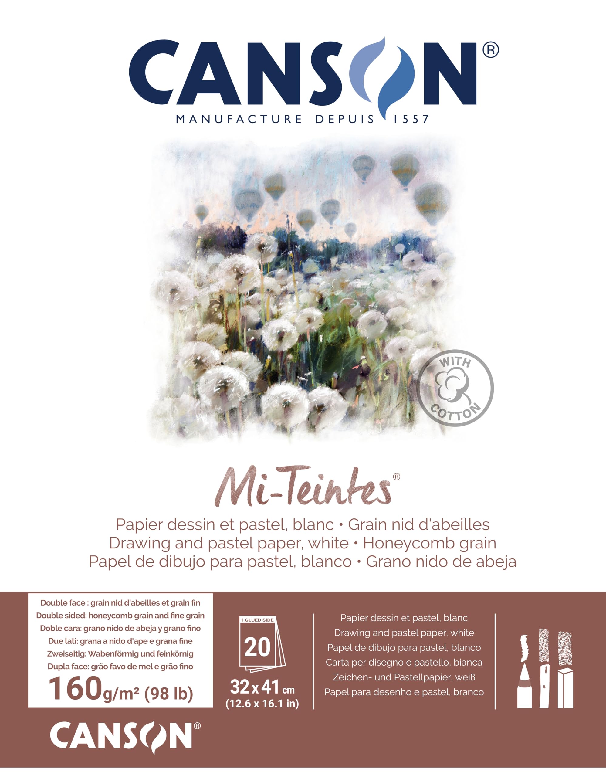 Canson Mi-Teintes - Blocco di 20 fogli 32 x 41, 160 g/m², colore: Bianco 335 collato lato corto