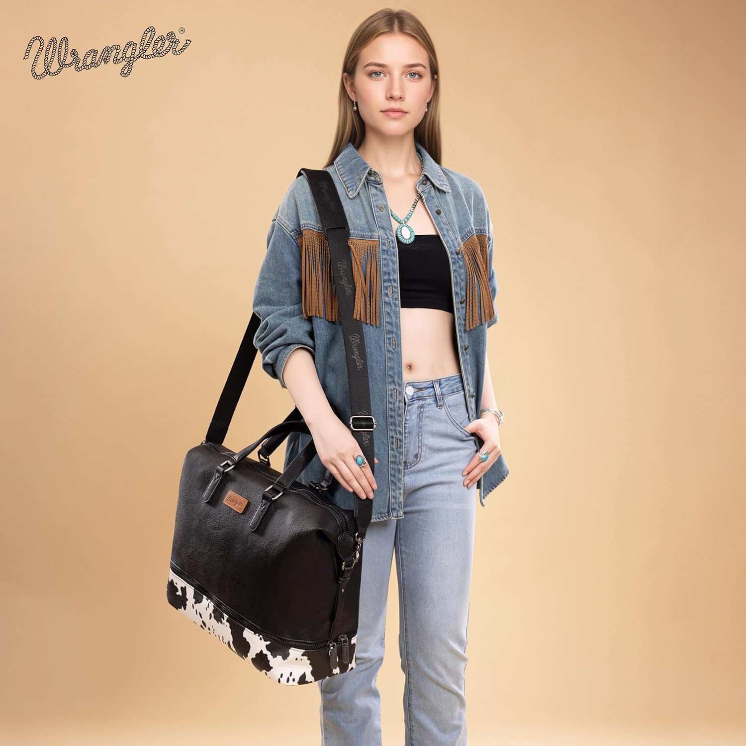Wrangler Travel Duffel Bag Carry On Overnight Bag with Shoe Compartment Cow Print Weekender Bag for Women WG253-5110COW-BK - Image 8