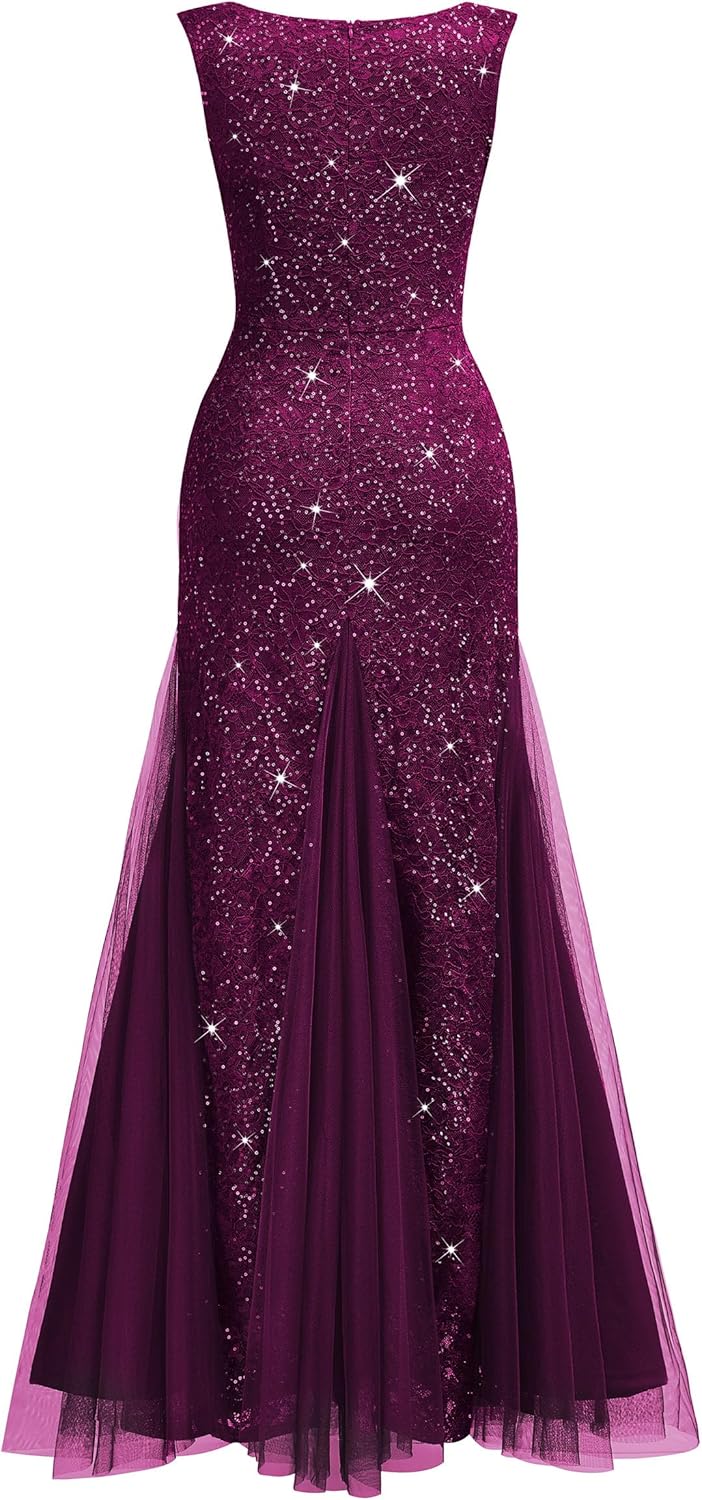 Miusol Women's Elegant V Neck Sleeveless Sequin Lace Evening Party Dress - Image 4