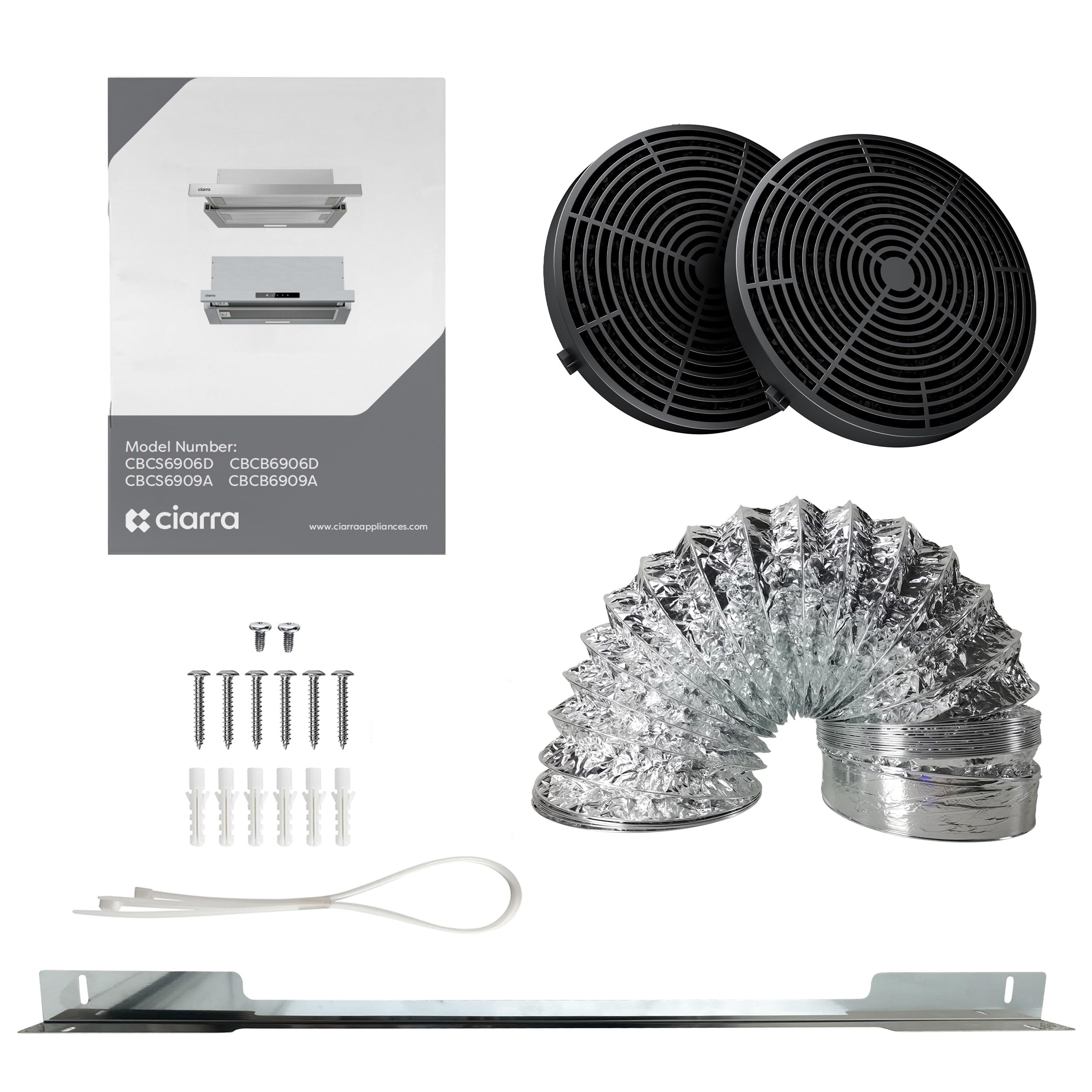 CIARRA CBCS6909A Cappa Aspirante Integrata 60 cm Telescopica 600m³/h- 3 Livelli di Potenza-Ricircolo con Filtro Carbone CBCF055-Classe A+, Cappa Aspirante in Argento