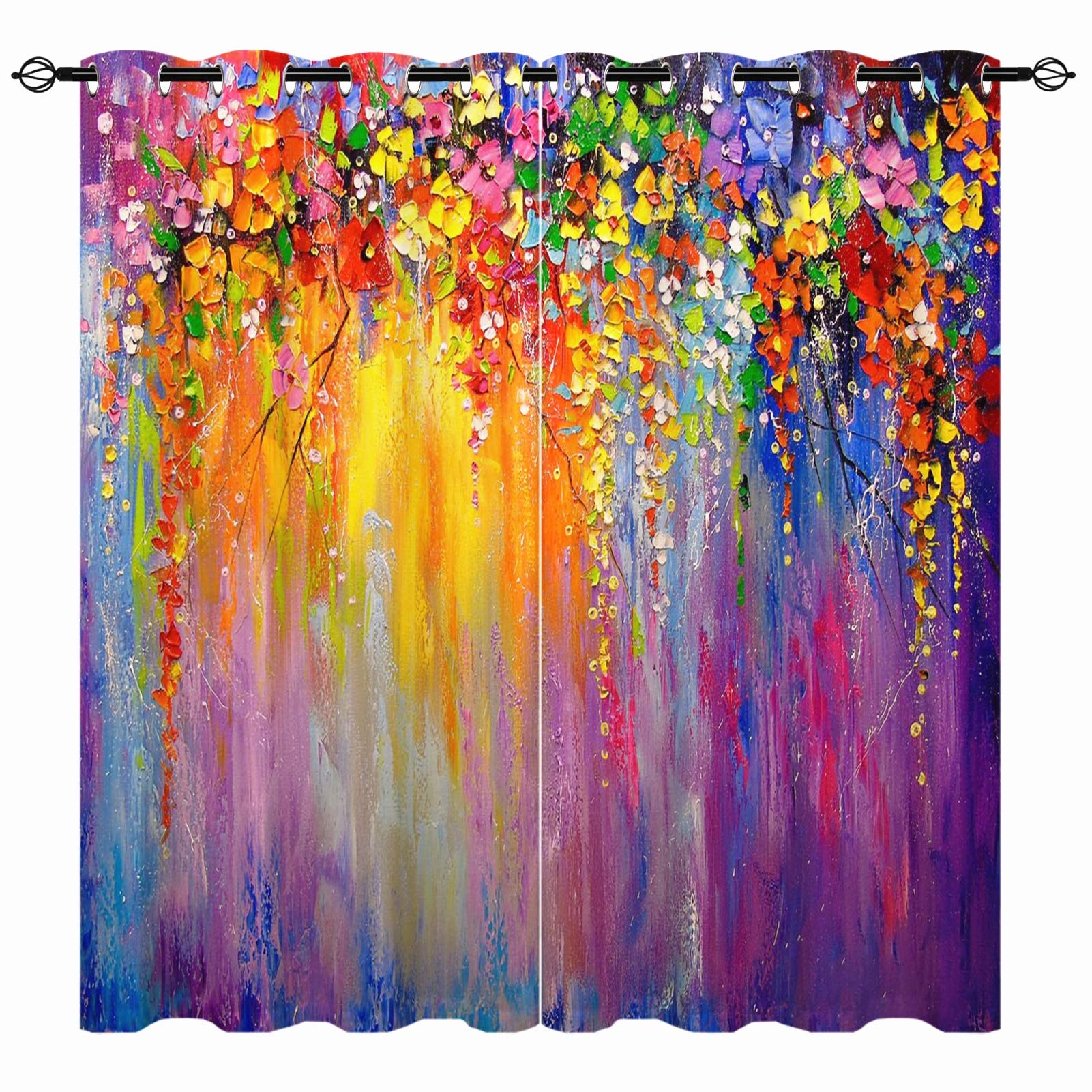 YUANZU Watercolor Curtains - Girls Abstract Oil Painting Flowers Floral Spring Print Pattern Eyelet Blackout Thermal Insulated & Room Darkening Window Drapes for Kids Bedroom 2 Panels W168cm x D229cm