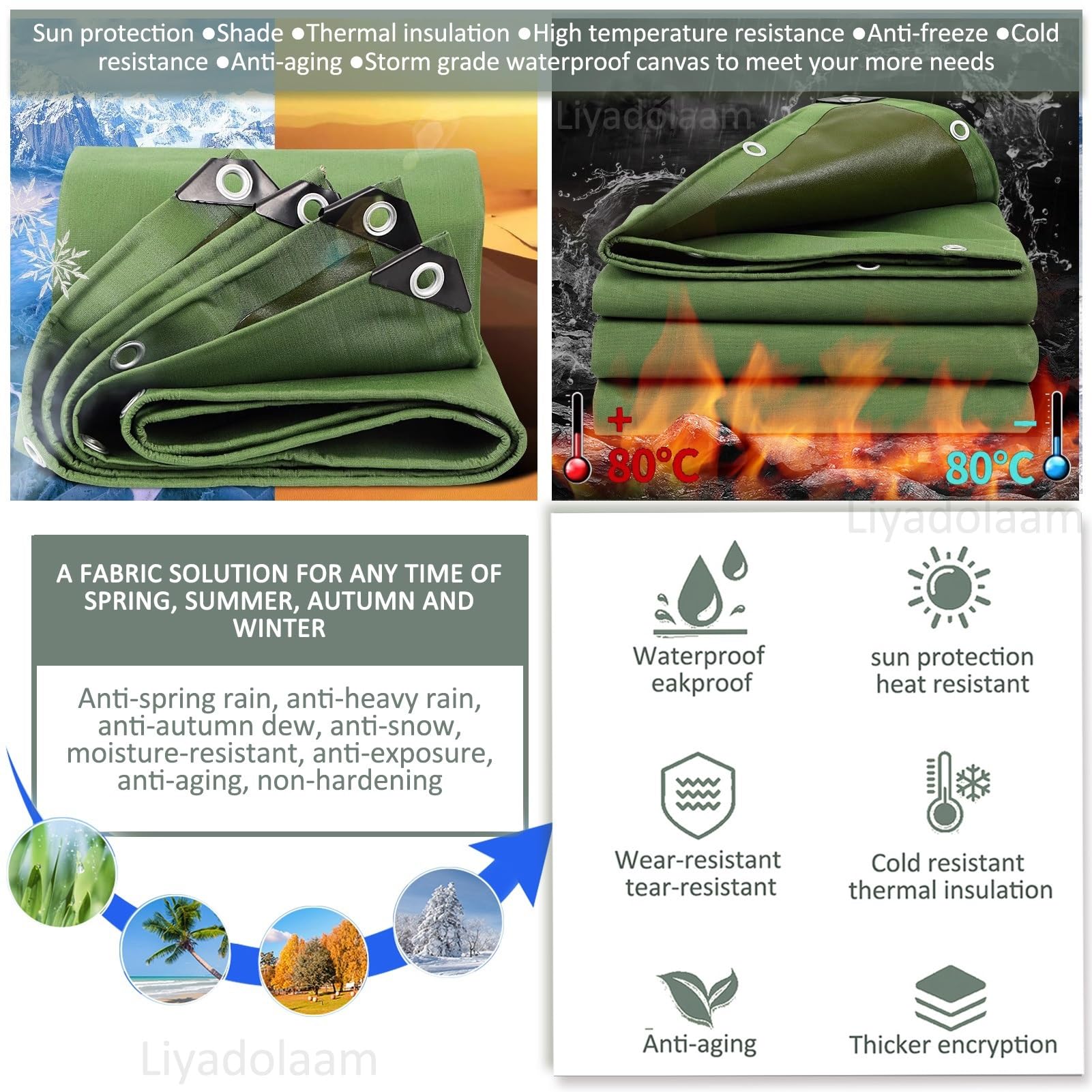 Lona verde de 600 g/m², 1 x 2 m, 1,5 x 2 m, 2 x 2 m, 2 x 3 m, 3 x 4 m, 3 x 6 m, 5 x 6 m, lona resistente con ojales para acampar al aire libre, cubiertas multiusos para muebles de coche y suelo (1,2