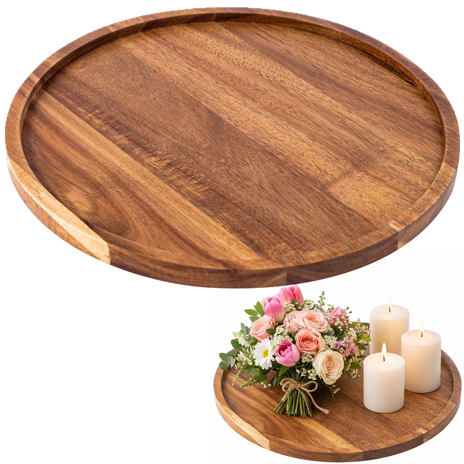 Round Decorative Tray, Acacia Wood, Natural Brown Finish, Circular Serving Tray for Tea and Dining