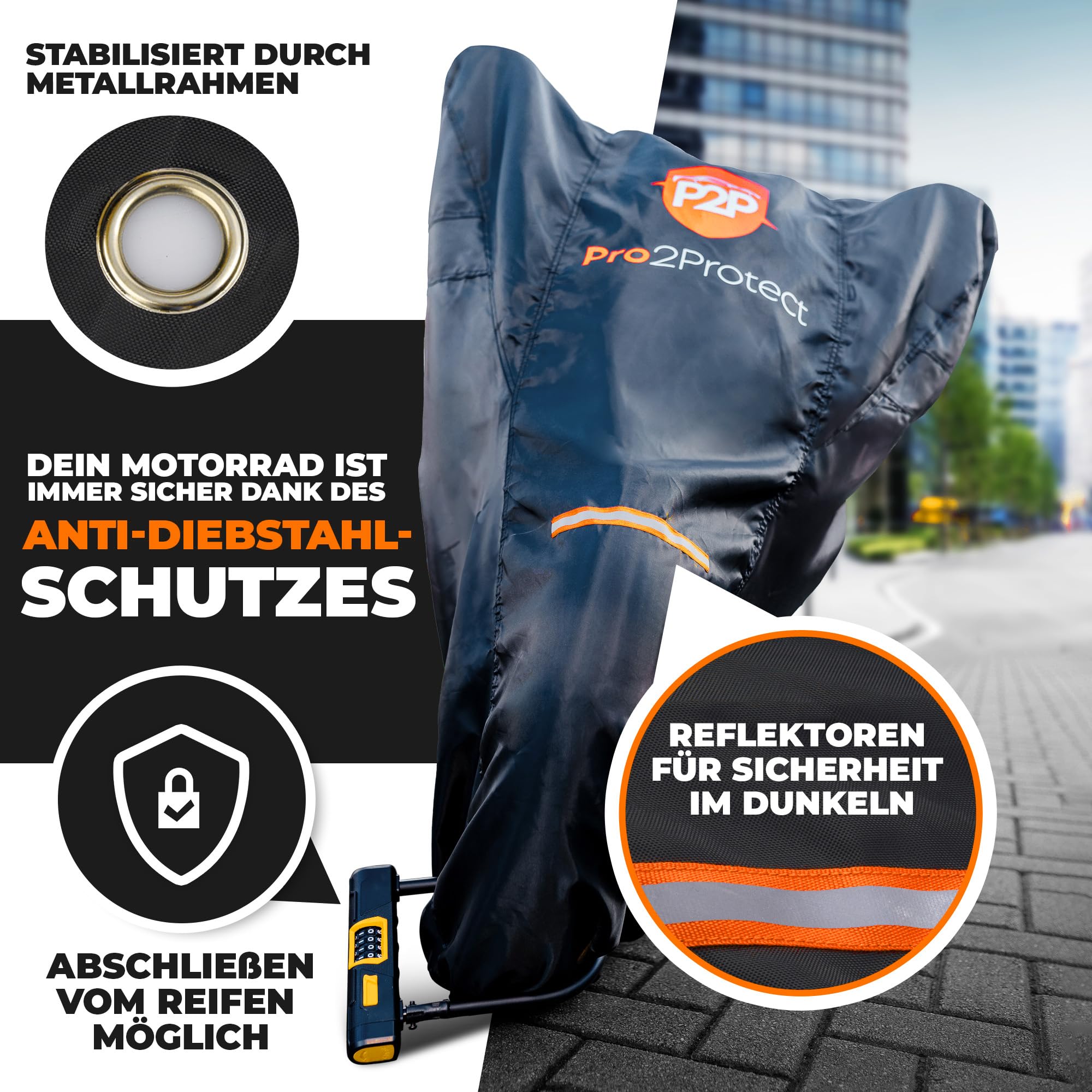 [ Test SEHR GUT ] Pro2Protect® Motorrad Abdeckplane SCHWARZ ORANGE wetterfest Outdoor Plane für Moped Roller Vespa Motorroller, 100% WASSERDICHT Garage Motorräder Abdeckung Motorradabdeckung Zubehör - 4