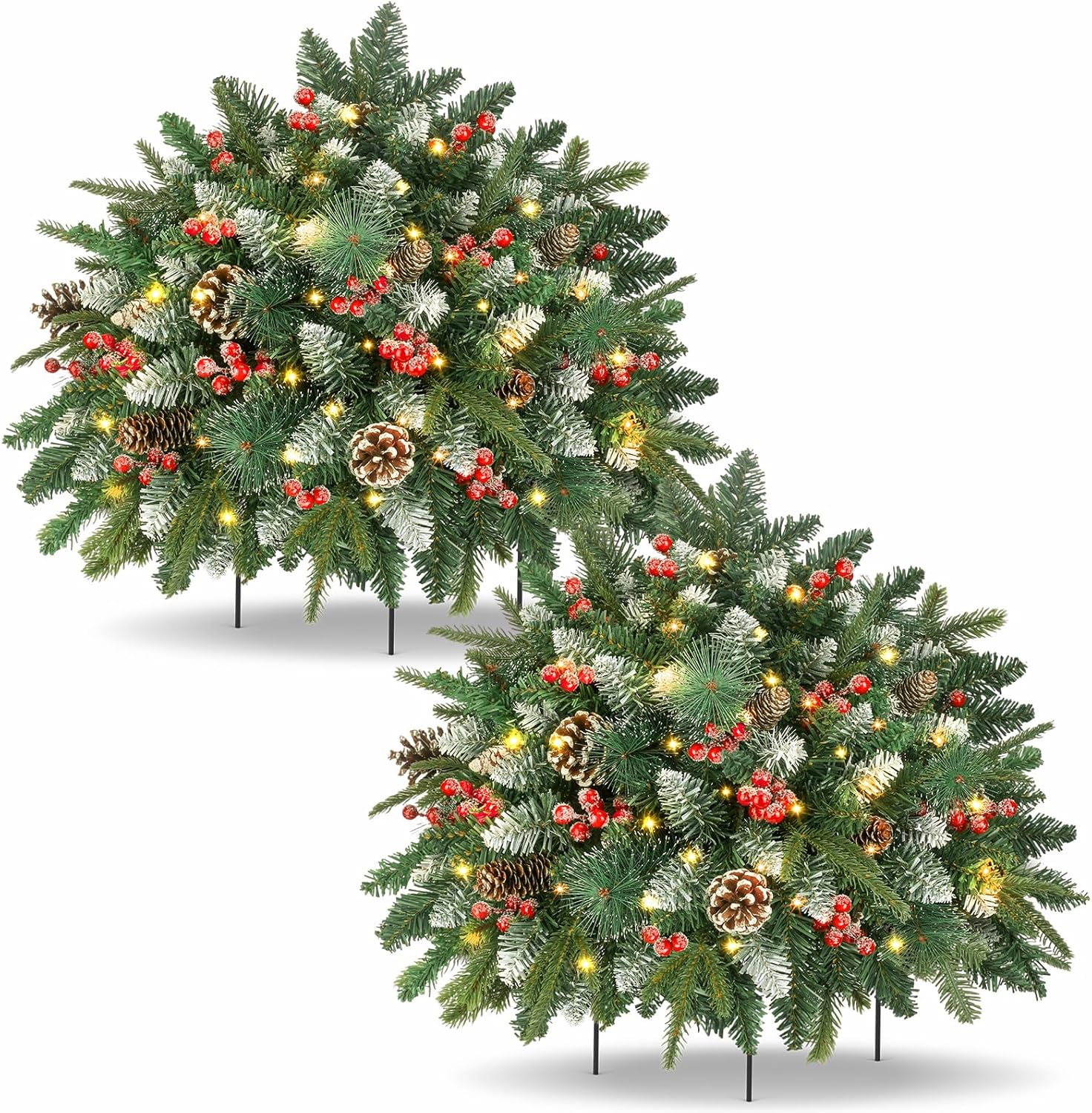 Prelit Small Christmas Tree 20\" with 50 Warm LED Timer Lights, Battery Operated Xmas Tree with Red Berries & Pinecones, Frosted Urn Filler, Outdoor for Porch and Pathway,2 Pack Snow Berry Tree 2
