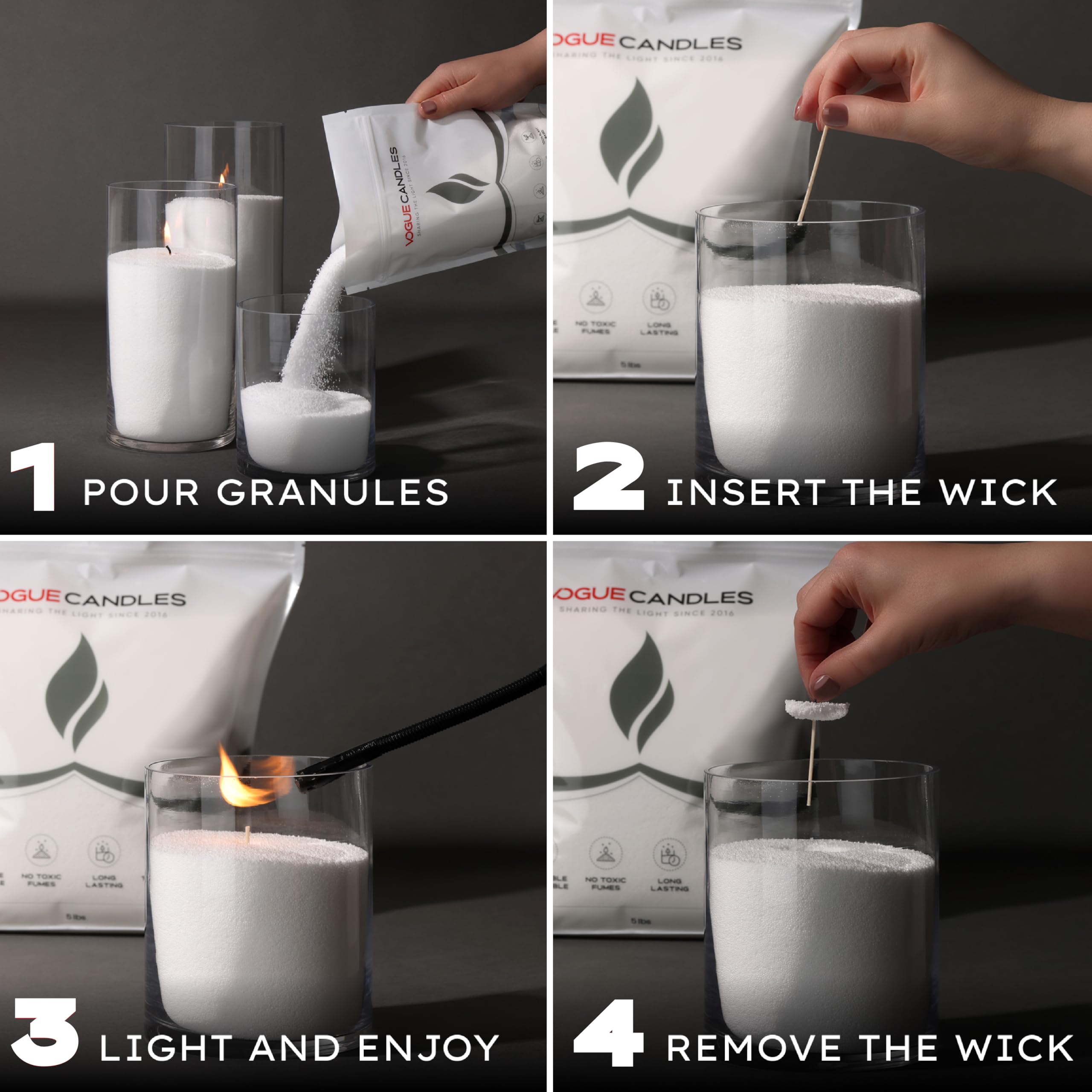 Vogue Candles - Recambio de cera granulada blanca, cera de arena perlada de 5 libras, kit de velas de arena con 50 mechas de algodón para iluminación del hogar, a base de plantas y reutilizable para