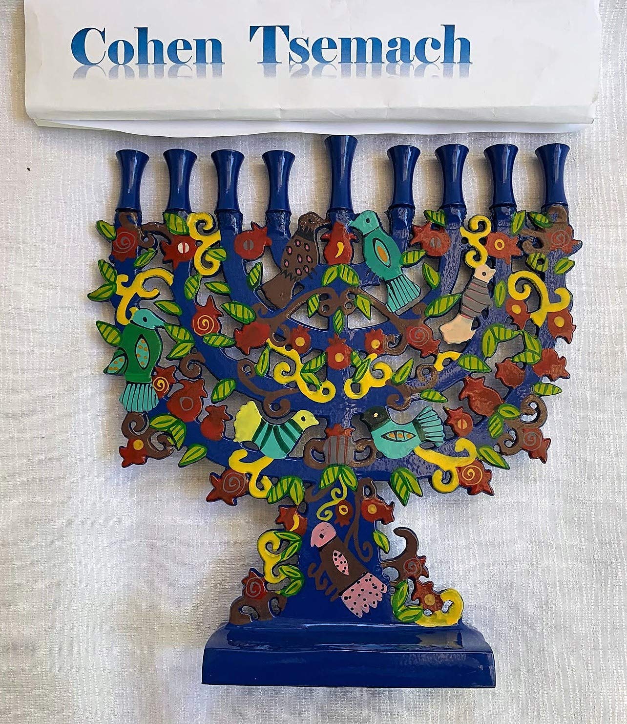 Blue Menorah with a Tree Design and Birds in Lazer by Yair Emanuel