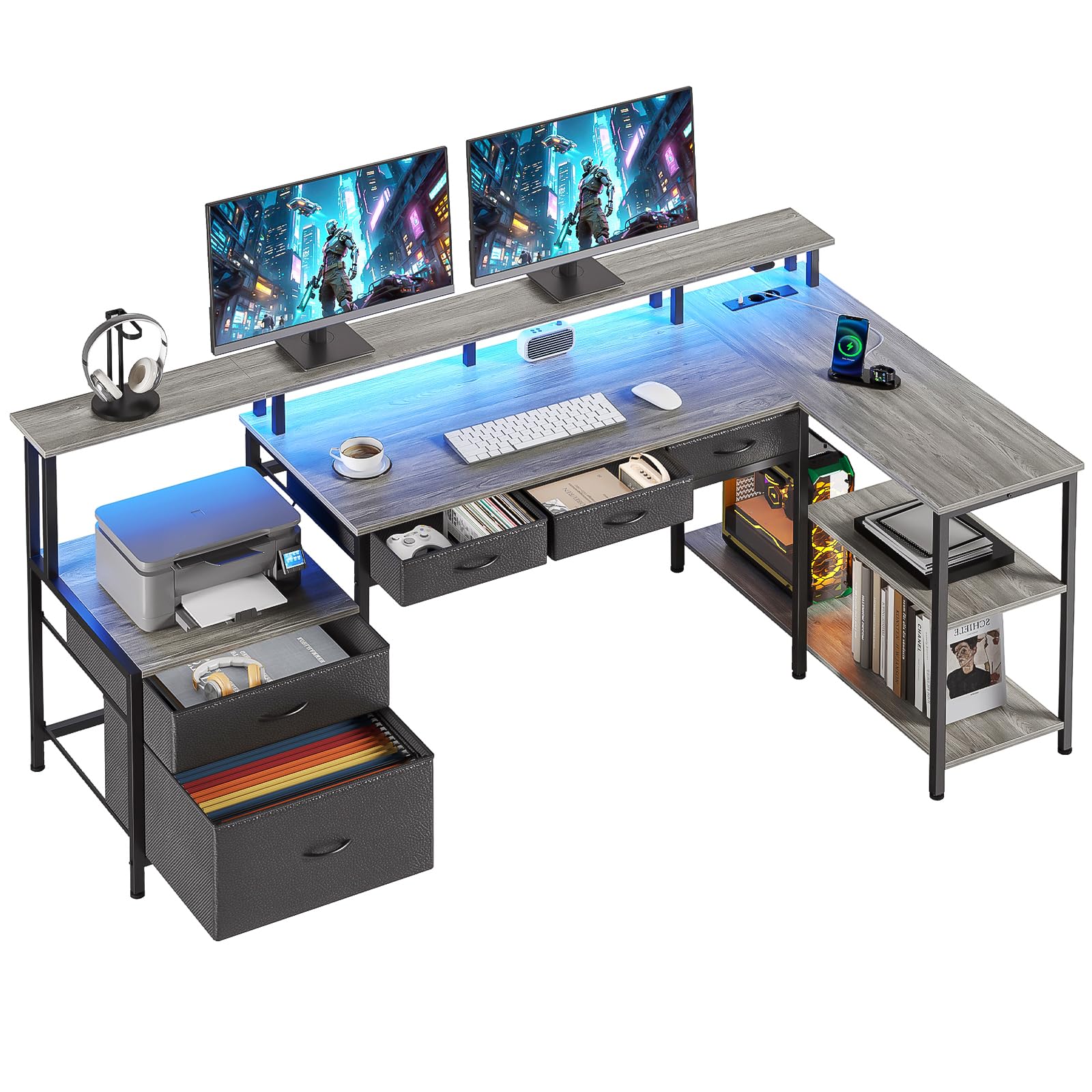 Seventable Bureau d'ordinateur en Forme de L avec Ports USB (Gris)