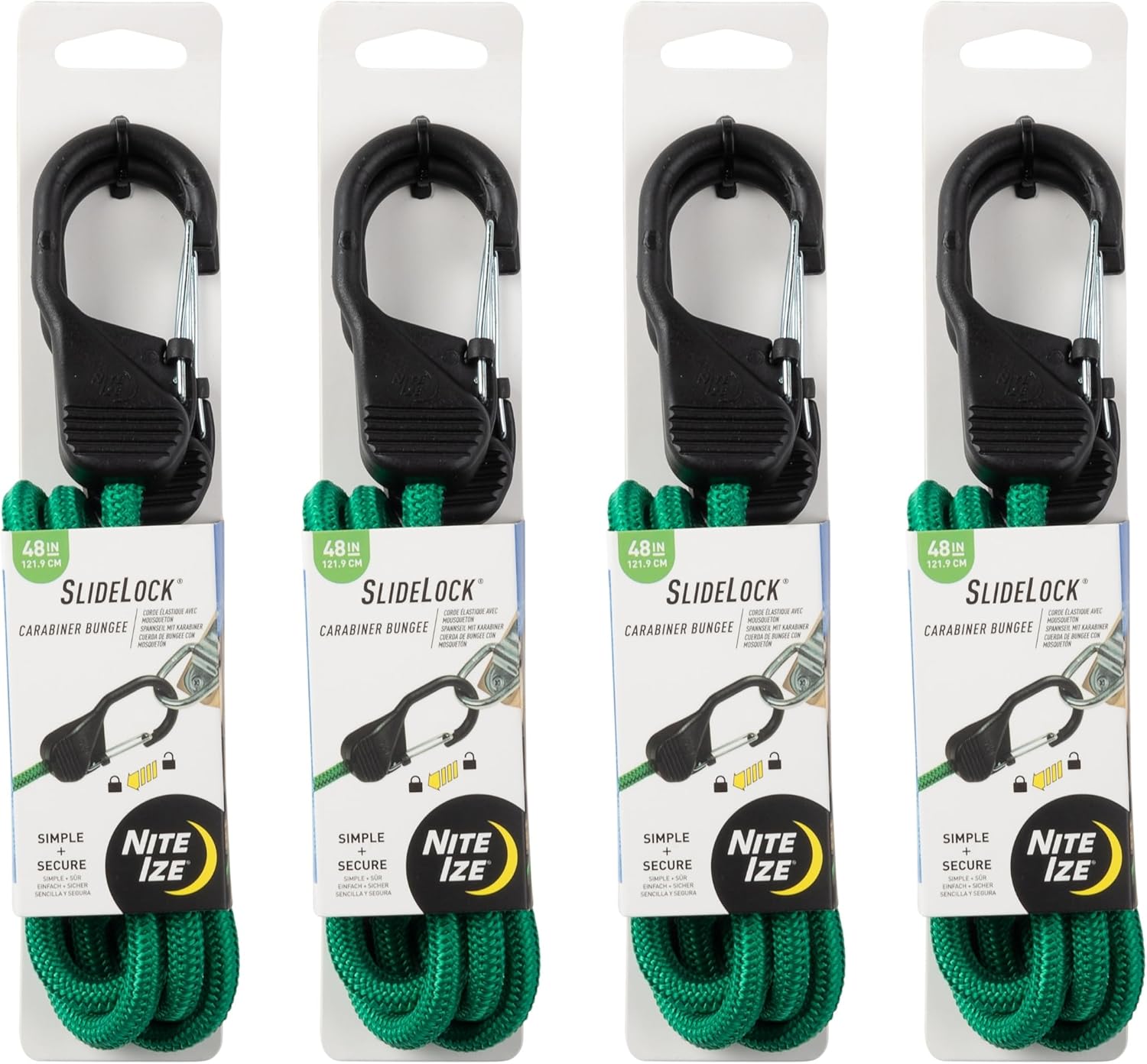 Nite Ize SlideLock Carabiner Bungee - Simple Carabiner Clip with Sliding Lock Feature - Adjustable Bungee Strap for Securing & Bundling Gear - 48", Green (4 Pack)