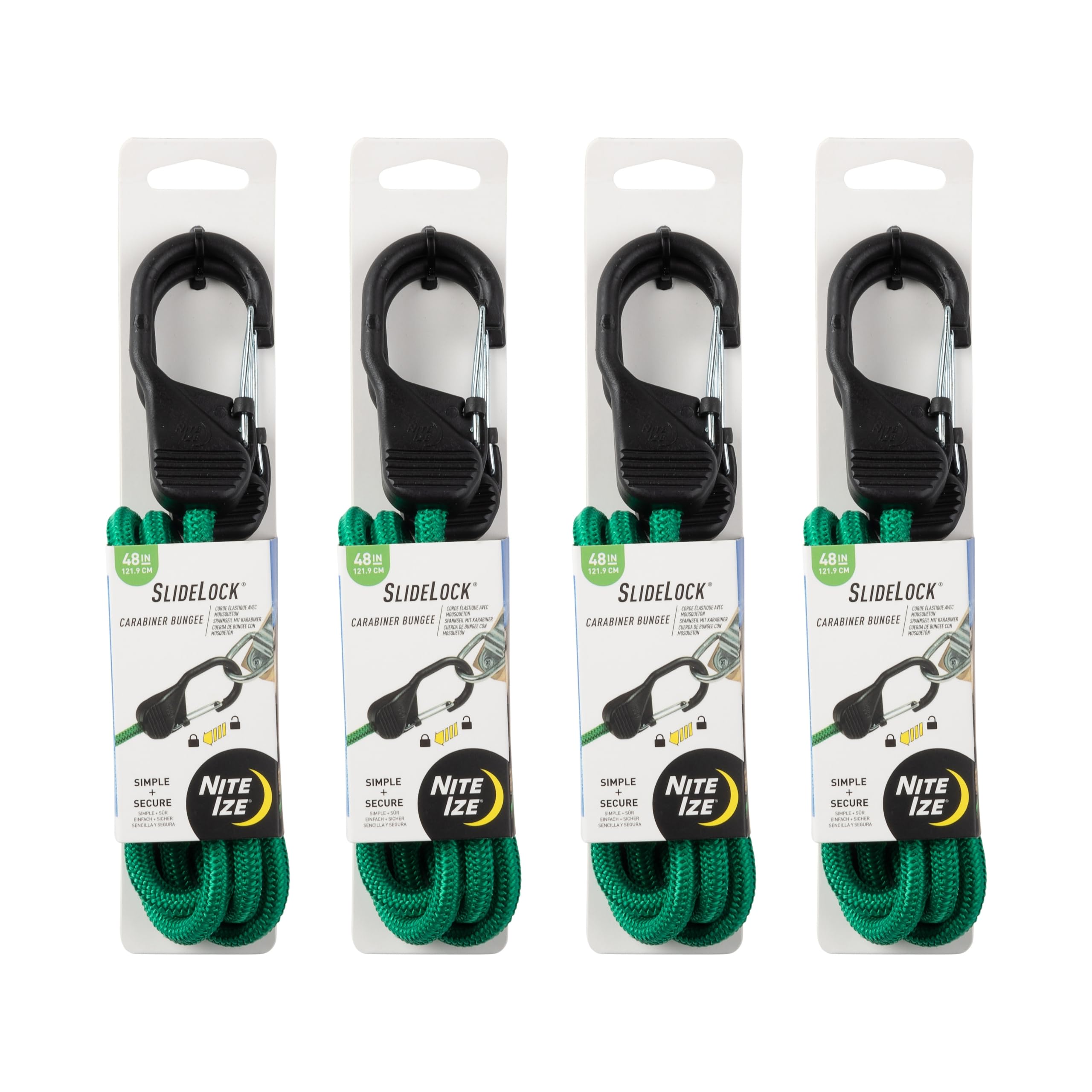 Nite Ize SlideLock Carabiner Bungee - Simple Carabiner Clip with Sliding Lock Feature - Adjustable Bungee Strap for Securing & Bundling Gear - 48", Green (4 Pack)
