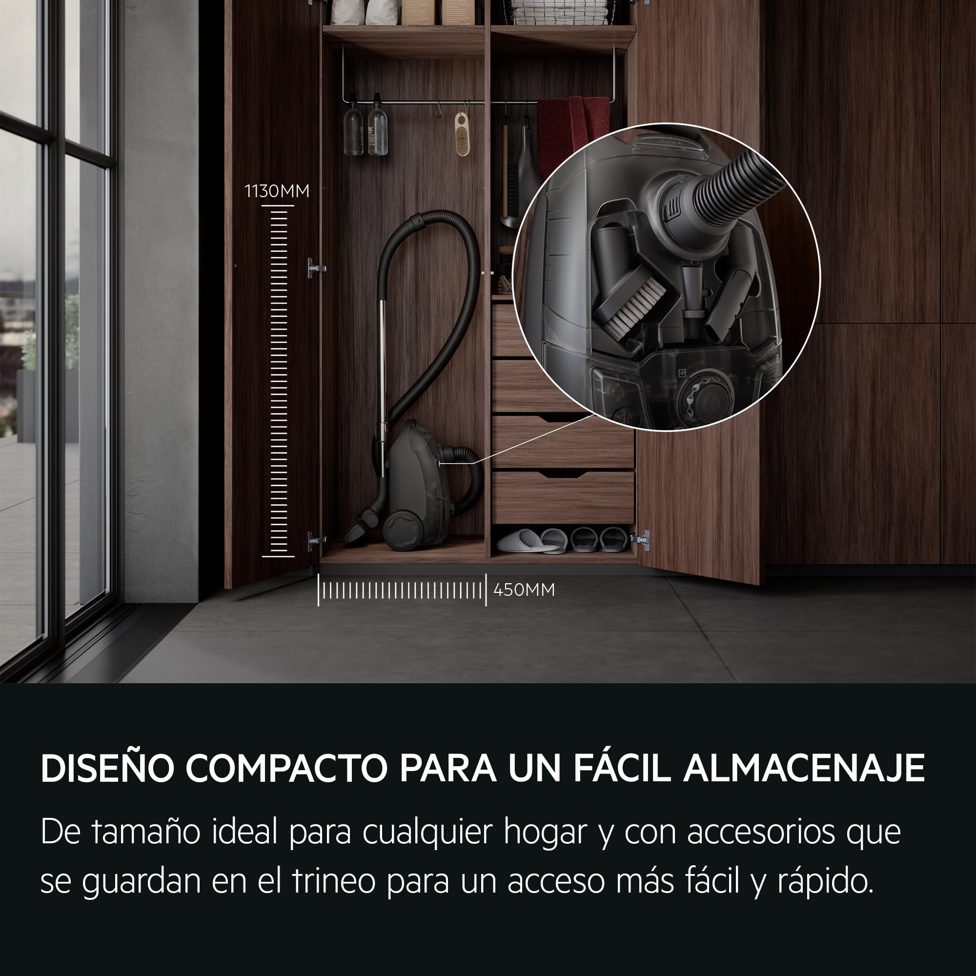 AEG Aspiradora de Trineo con Bolsa AB31C1GG, Multisuperficie, Compacta, Filtro HEPA Lavable, 750W, Depósito 3L, Radio 7.5m, Bajo Ruido 78dB, Cepillo DustPro, 2 Accesorios, Diseño Sostenible