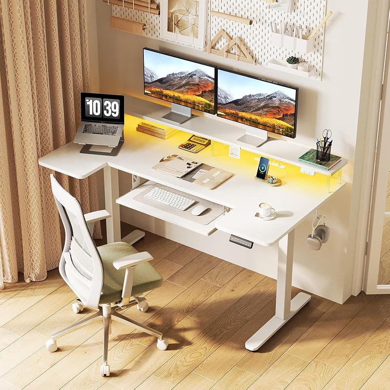 OffiGo 55 Inch U Shaped Electric Standing Desk with Keyboard Tray, White image 2