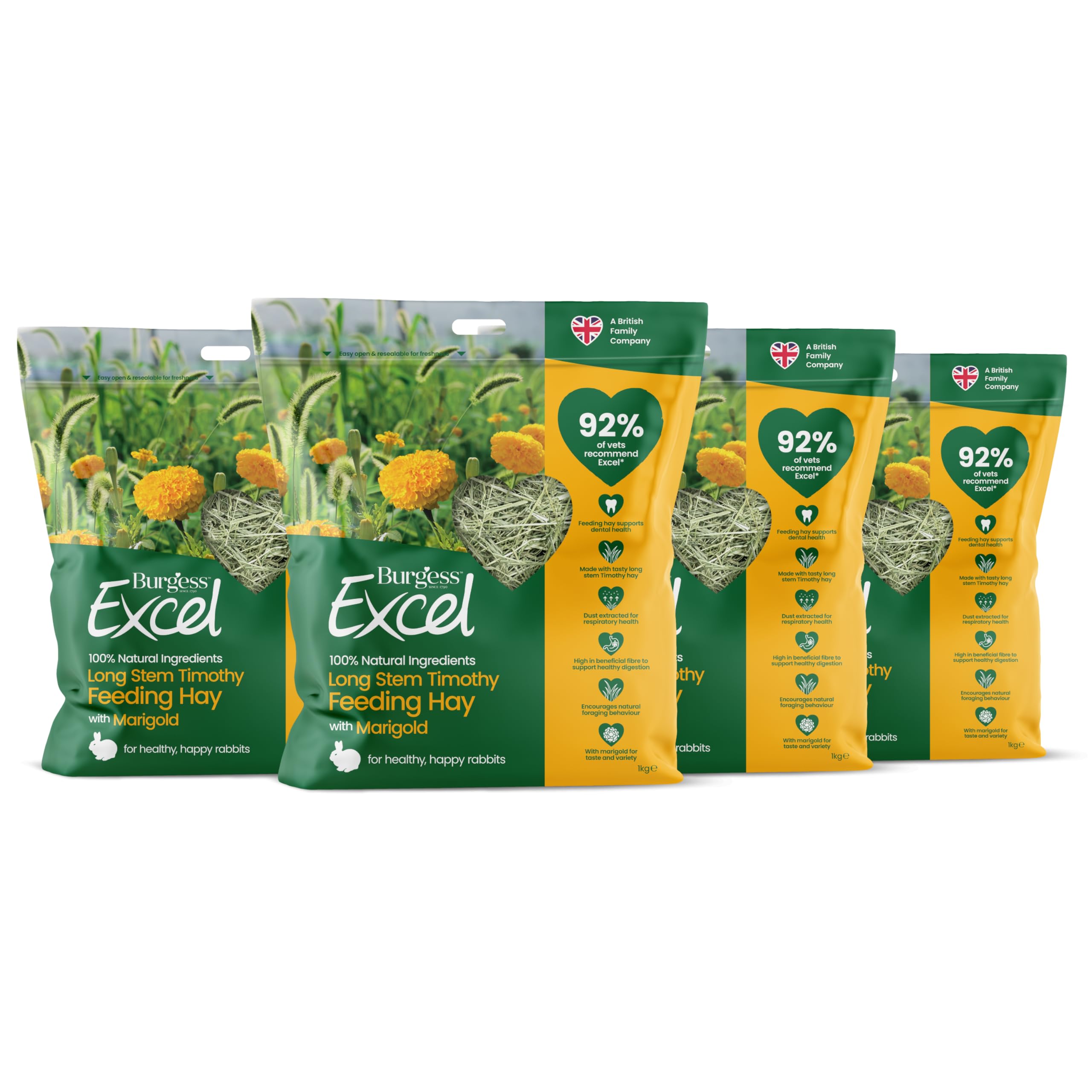 Burgess Excel Long Stem Timothy Feeding Hay with Marigold, 4kg – Marigold Feeding Hay for Rabbits – Dust Extracted (Pack of 4)