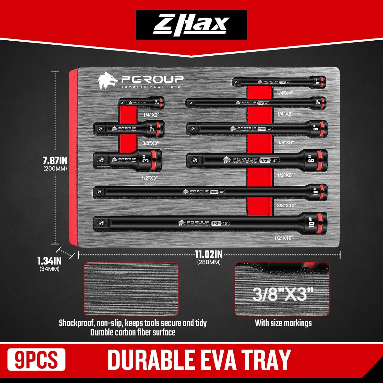 ZAHX 9 Pieces Impact Extension Bar Set, 1/4", 3/8" and 1/2" Drive Socket Extension, Embossed Size Marking, CR-MO Steel for Auto Repair