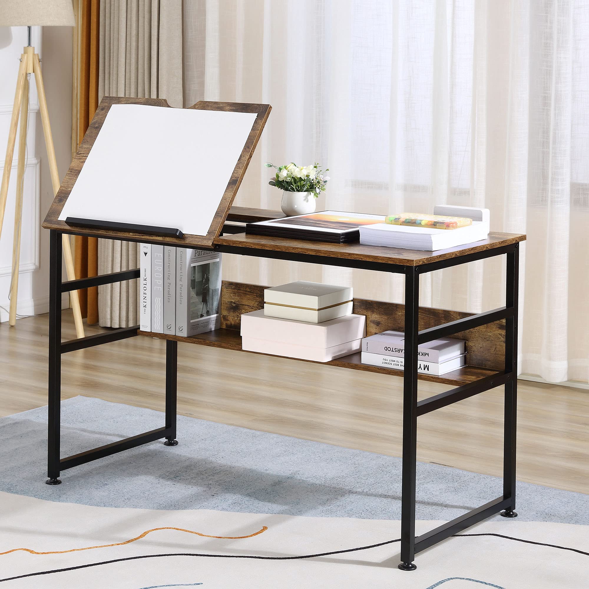 HOMCOM Mesa de dibujo ajustable 15 niveles tablero inclinable Marrón | Mesa de dibujo, estación de trabajo para pintar, escritorio multifuncional, estante de almacenamiento, Home Office.