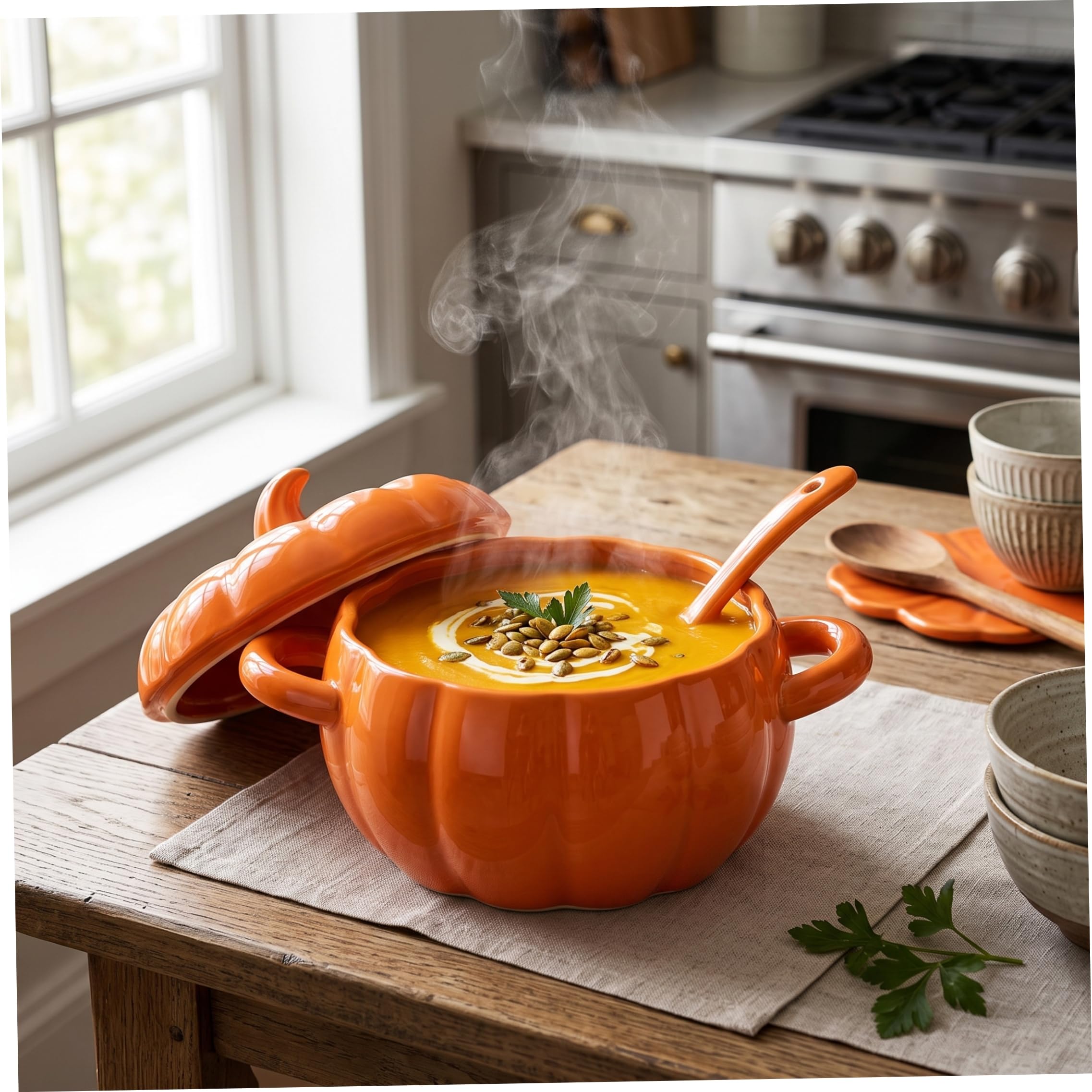 Dutch Ovens, Keramikschüssel mit Deckel, kürbisförmige Suppenschüssel mit Griffen zum Brotbacken, Schmoren, Suppenkochen, Orange