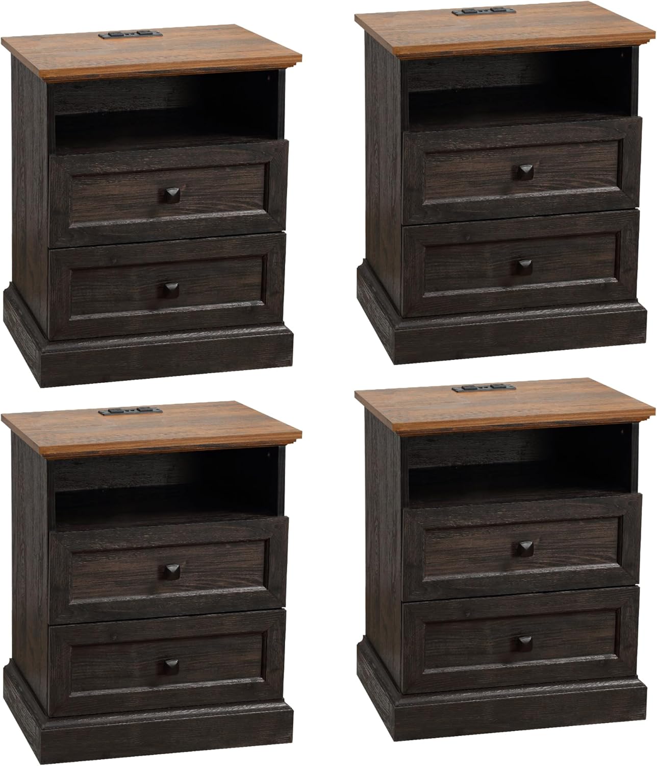 Night Stand with Charging Station, Bedside Table with 2 Drawers Storage and Open Shelf, Espresso Nightstand Set of 4 with Outlets, Wood Modern End Table for Bedroom Office