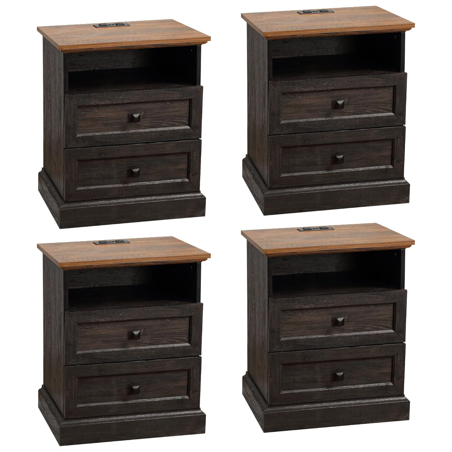 Night Stand with Charging Station Bedside Table with 2 Drawers Storage and Open Shelf Espresso Nightstand Set of