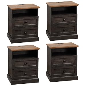 Night Stand with Charging Station Bedside Table with 2 Drawers Storage and Open Shelf Espresso Nightstand Set of