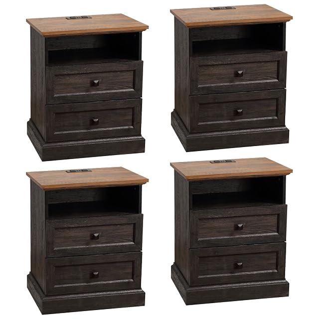 Night Stand with Charging Station Bedside Table with 2 Drawers Storage and Open Shelf Espresso Nightstand Set of