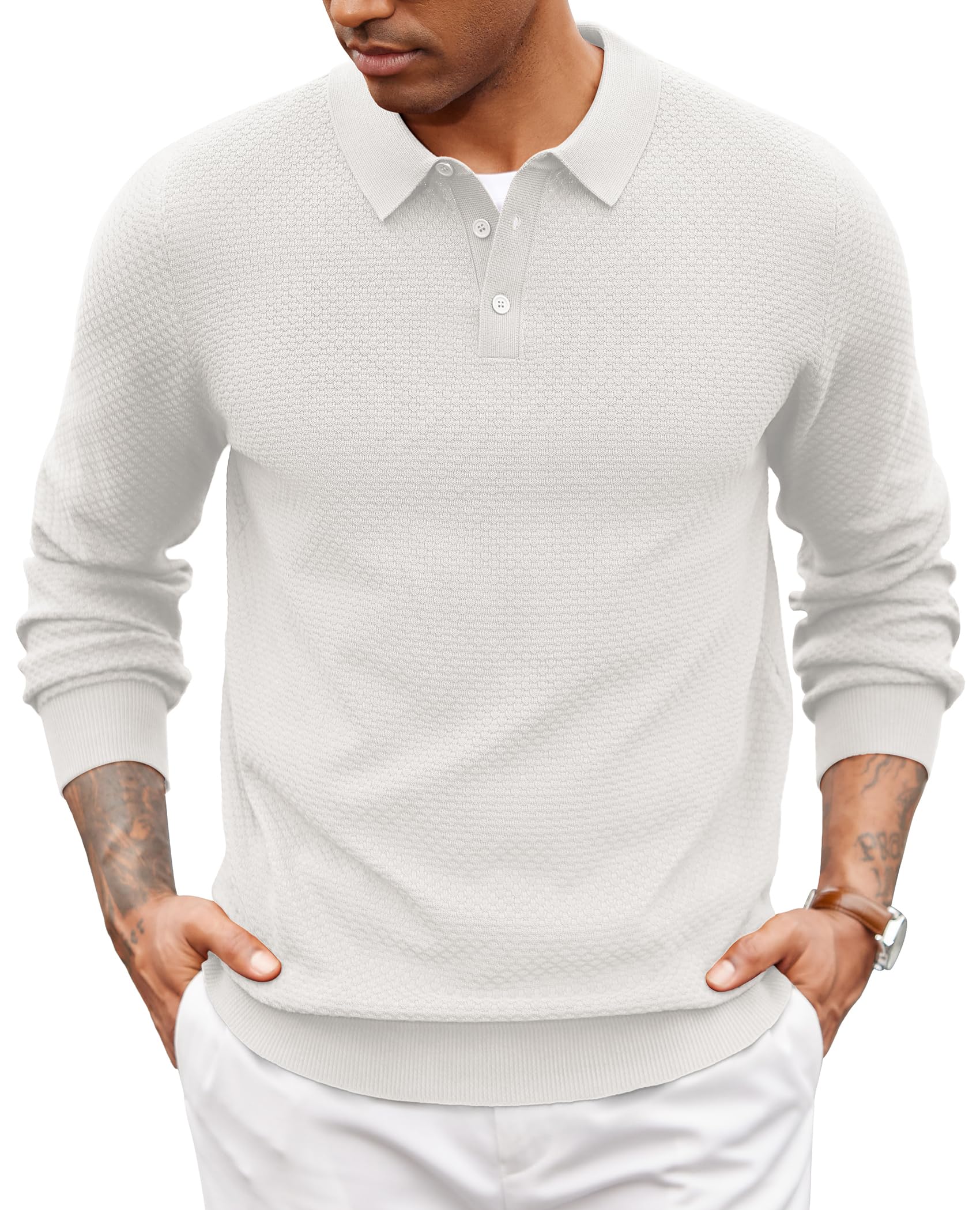 COOFANDY Men's Knit Polo Sweater Long Sleeve Casual Collared Quarter Button Golf Waffle Textured Sweater