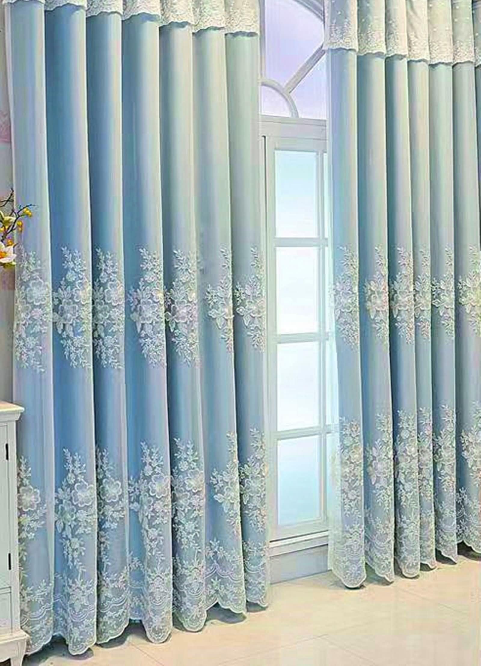 Cortina de salón con ventana pequeña, cortinas opacas, color azul, bordado de encaje, doble capa, poliéster, 200 W x 270 cm