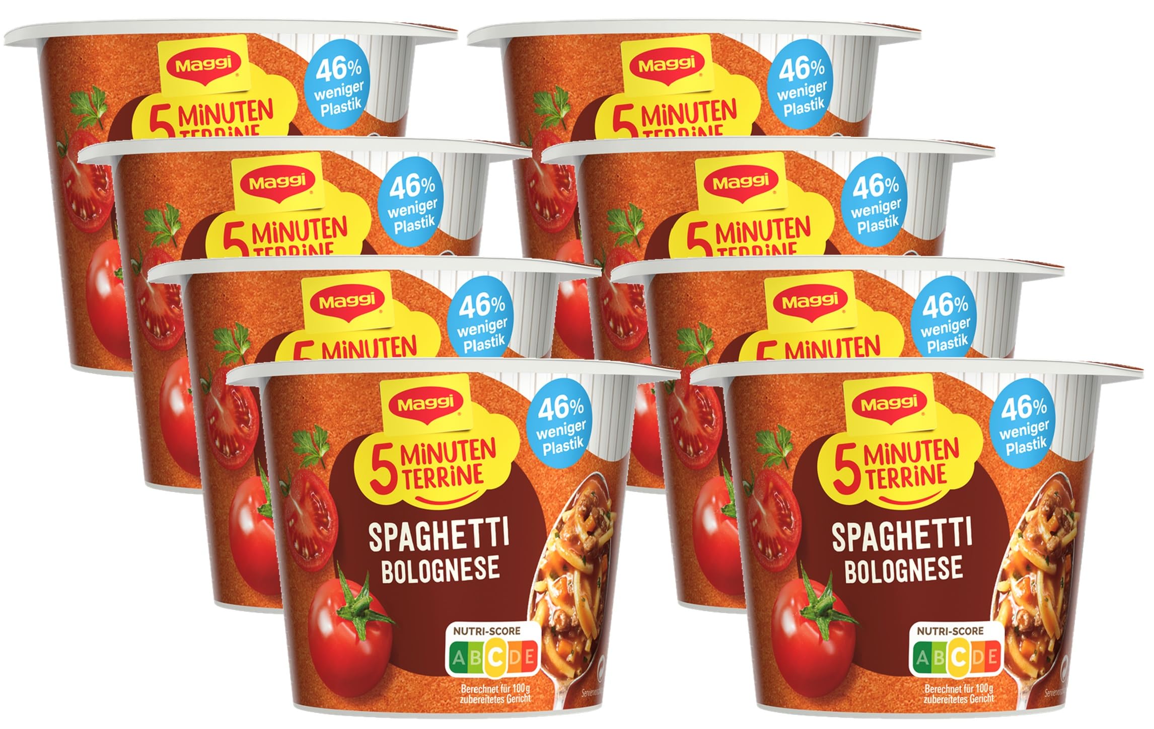 MAGGI 5 Minuten Terrine Spaghetti Bolognese, leckeres Fertiggericht, Instant-Nudeln, mit Hackfleisch, 8er Pack (8 x 60g)